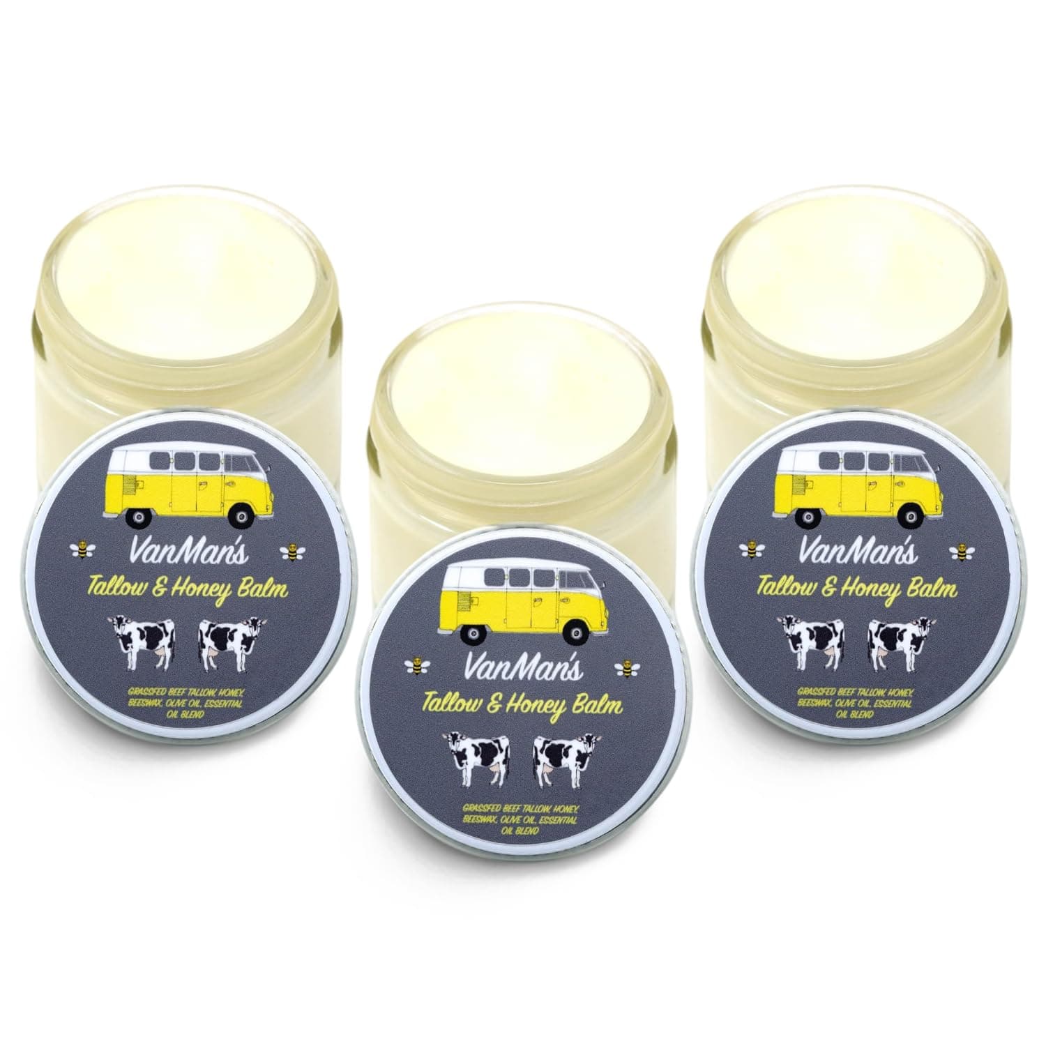 Vanmans Tallow and Honey Balm (2 oz) - 3 Pack - Beef Tallow Grass Fed Honey Balm w/Vitamins A, K, D, E, & Essential Oils - Beef Tallow Moisturiser - Head to Toe Skincare w/Grass Fed Beef Tallow