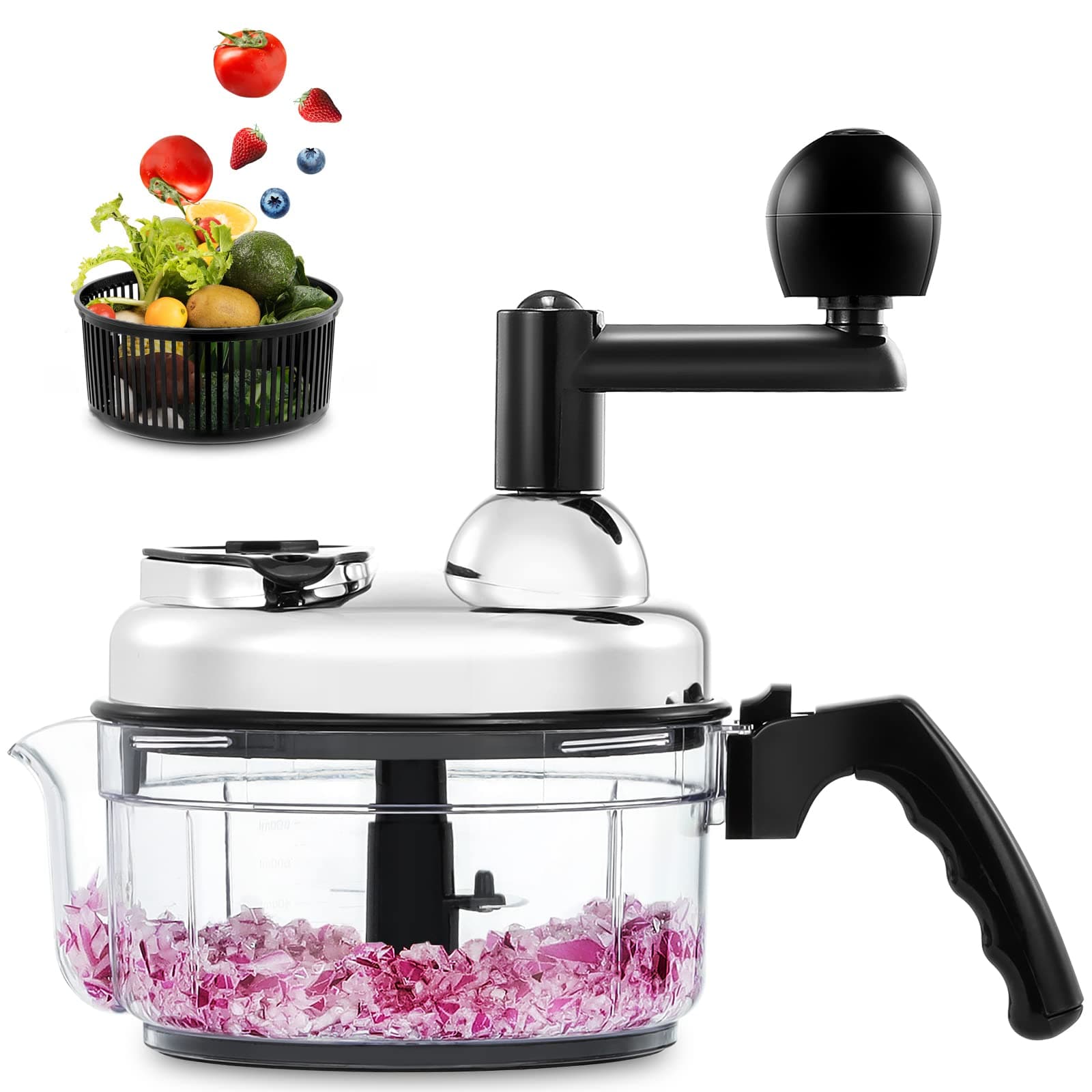 Hand Food Chopper, Vegetable Quick Chopper Manual Food Processor, Easy To Clean Food Dicer Mincer Mixer Blender, Rotary Onion Cutter for Garlic, Salad, Salsa, Nuts, Meat, Fruit, Ice, etc