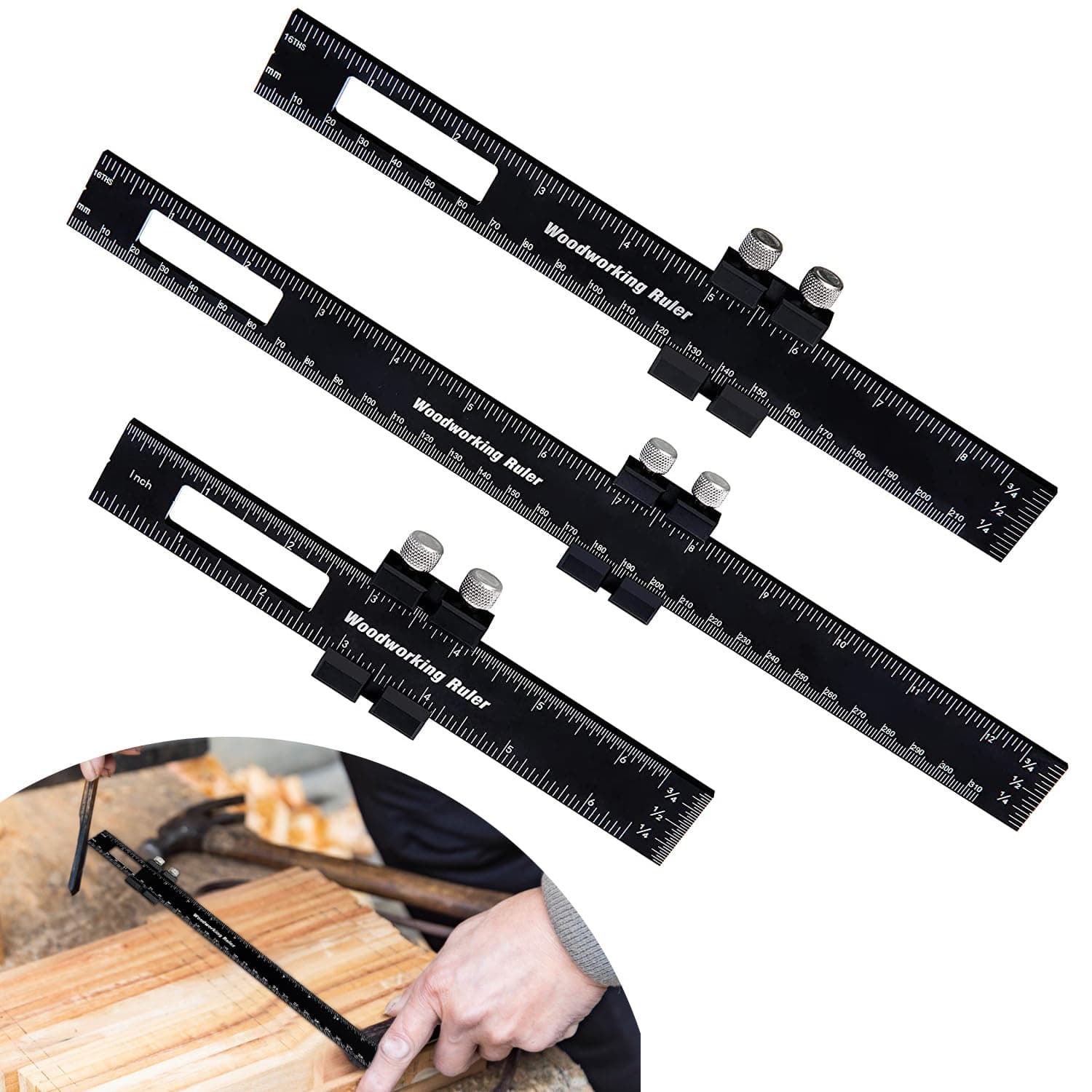 Precision Pocket Ruler 3Pack Woodworking Scribing Professional T Track Marking Measuring Inch and Metric Indicators with Slide Stops Clip Scale Metal Kit 6/8/12