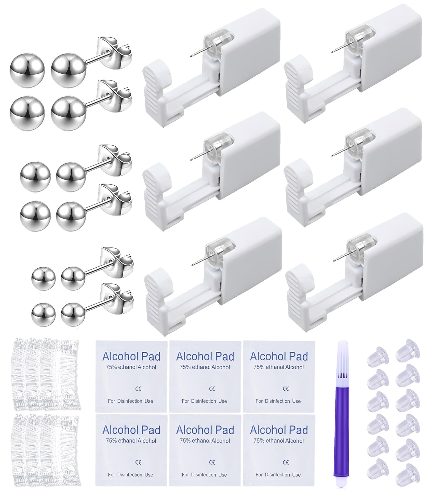 Disposable Ear Piercing Gun Kit Ear Cartilage Piercing Kit Easy and Safe Earring Self for Yourself Use at Home(Silver Ball Pattern 234mm)