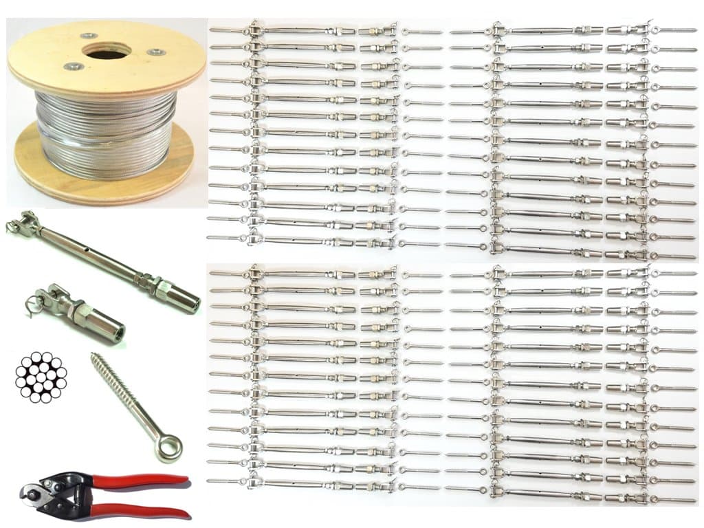 1/8 Cable Railing Kit 42".Stainless Steel 316 Cable 1/8 1*19 500 ft,Tensioner Quick Installation Stainless Steel 316 52-Pack,Welded Fork Swageless 52-Pack,Eye Terminal With Wood Screw 104-Pack 1Cutter