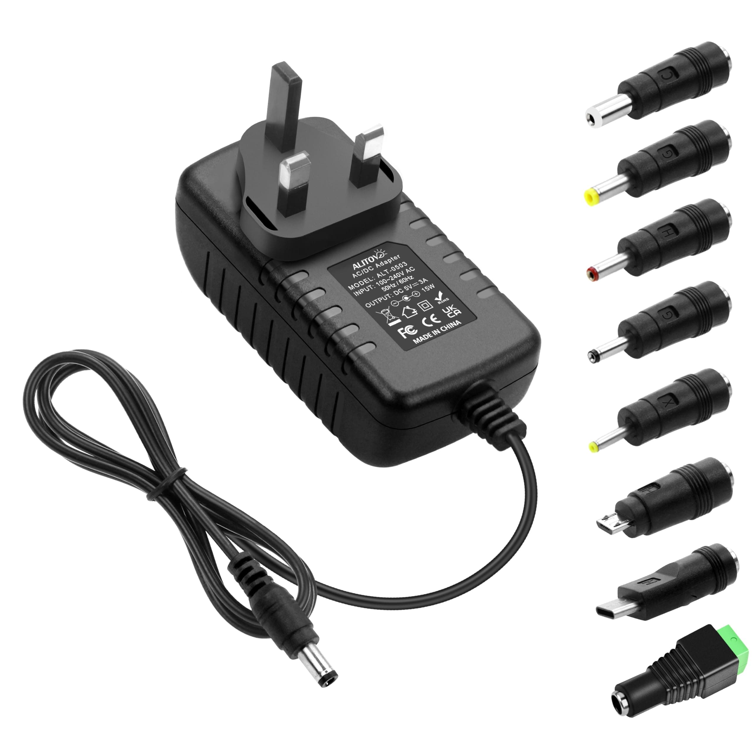 ALITOVE 5V 3A Power Transformer DC 5 Volt 15W 3000mA 2.5A 2A 1A Power Adapter with 5.5x2.5mm 5.5x2.1mm 4.0x1.7mm 3.5x1.35mm 3.0x1.1mm 2.5x0.7mm Micro-USB Type-C Tips for Raspberry Pi 3 4 USB-HUB