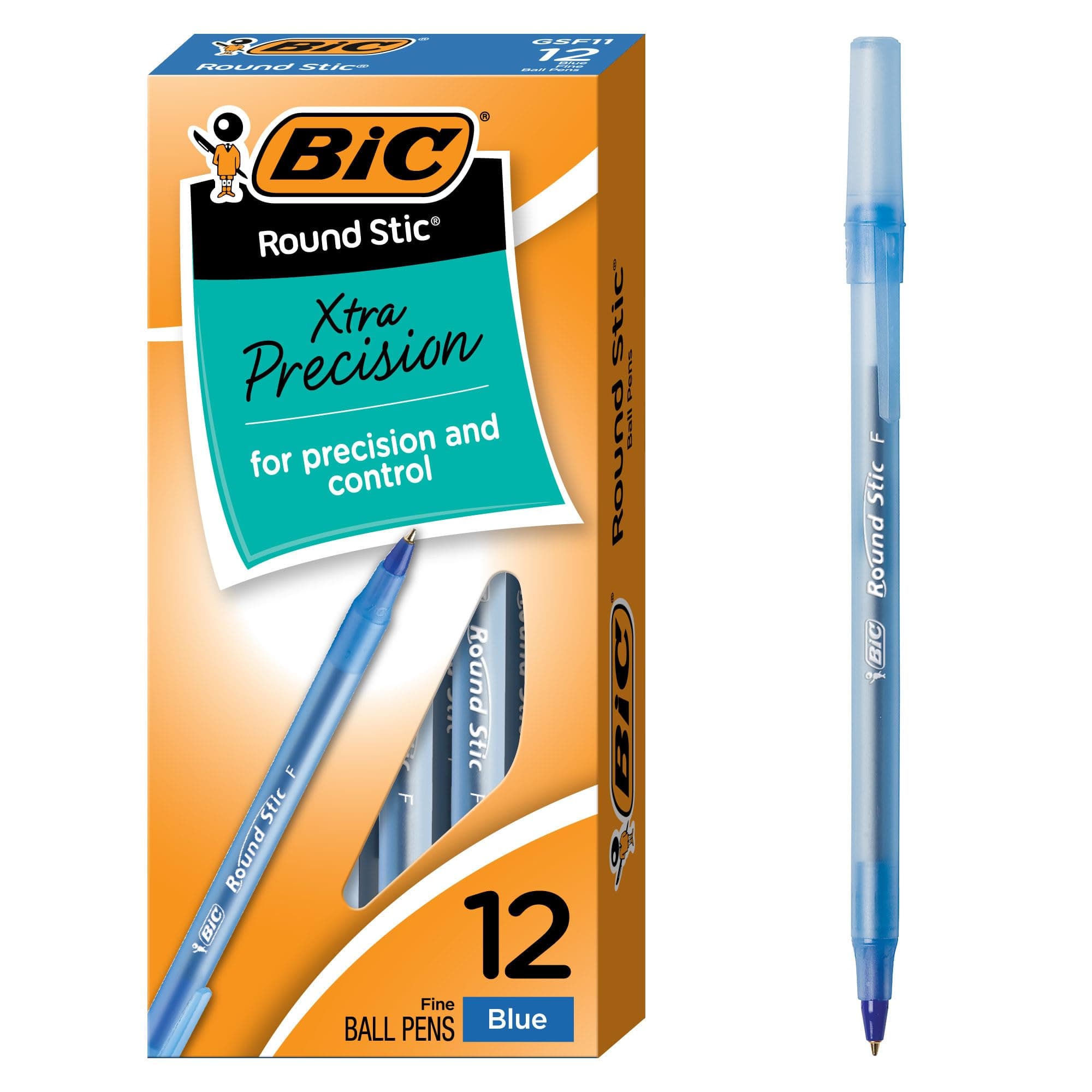BIC Round Stic Xtra Precision Fine Blue Ballpoint Pens, Medium Point (0.8 mm), 12-Count Pack, Excellent Writing Pens