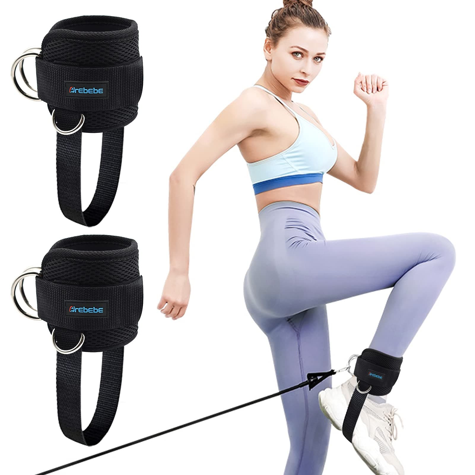 Brebebe 1 Pair Fitness Ankle Strap for Cable Machine, Adjustable Women Men Ankle Strap Kickbacks with Fixed Rope, Foot Legs Muscle Strength Exercises, Gym Glute HIPS Workouts Thighs Power Trainer