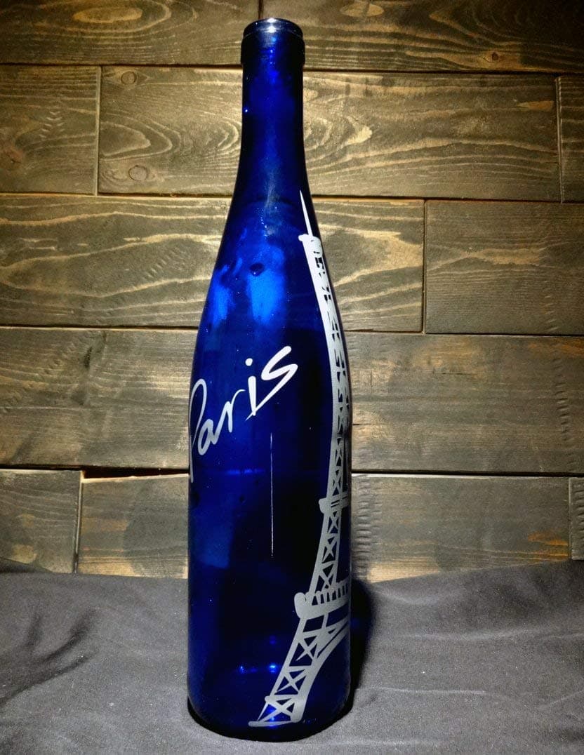 Blue Recycled Wine Bottle Vase Etched Engraved Eiffel Tower Paris Inlay Silver French Cafe