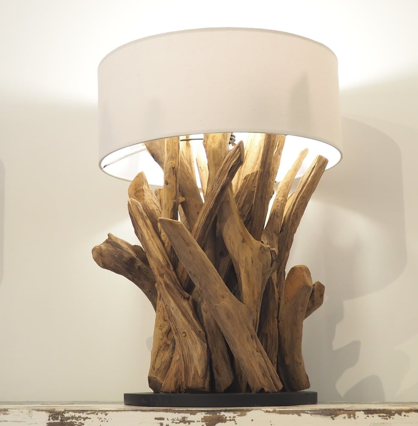 Rustic House Wooden Teak Root Table Lamp - Hallway Lighting - Bedside Table - White Shade