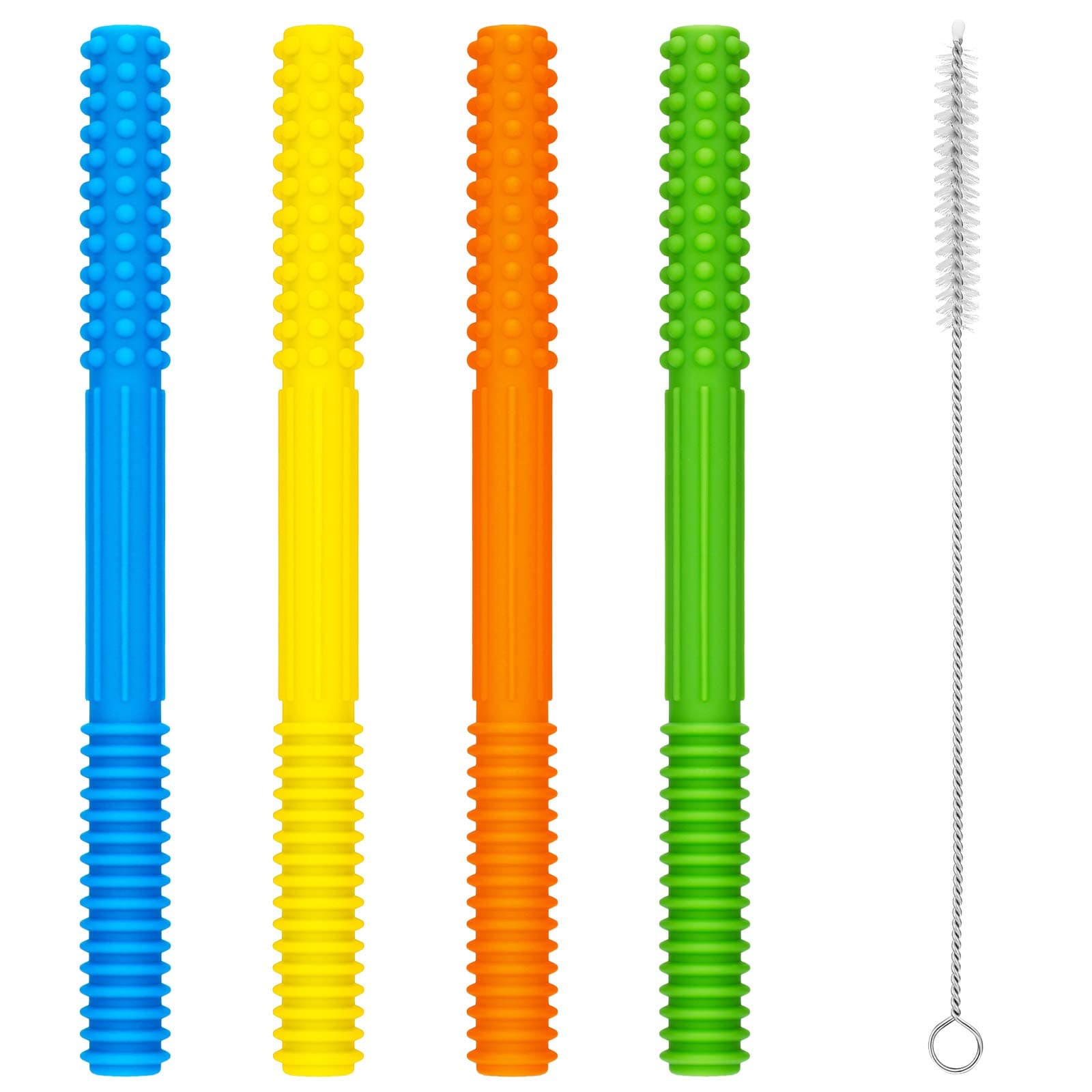 4 Pieces Teether Tube Toys Sensory Teething Tubes Hollow Teether Pipes with Brush for Babies Over 3 Years Old, Sensory Exploration and Teething Relief (Orange, Yellow, Blue, Green)