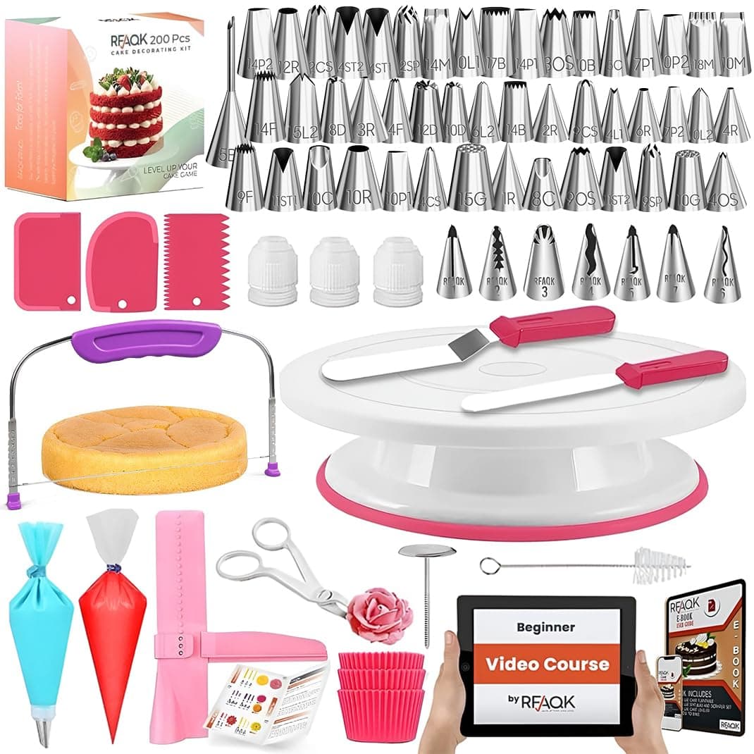 Cake Decorating Kit -RFAQK 200 PCs with Cake Turntable- Cake Leveler- 55 Numbered Piping Tips & Nozzles with Pattern Chart & E-Book- 110 Icings Bags-Straight & Offset Spatula-Scraper Set & Baking Kit