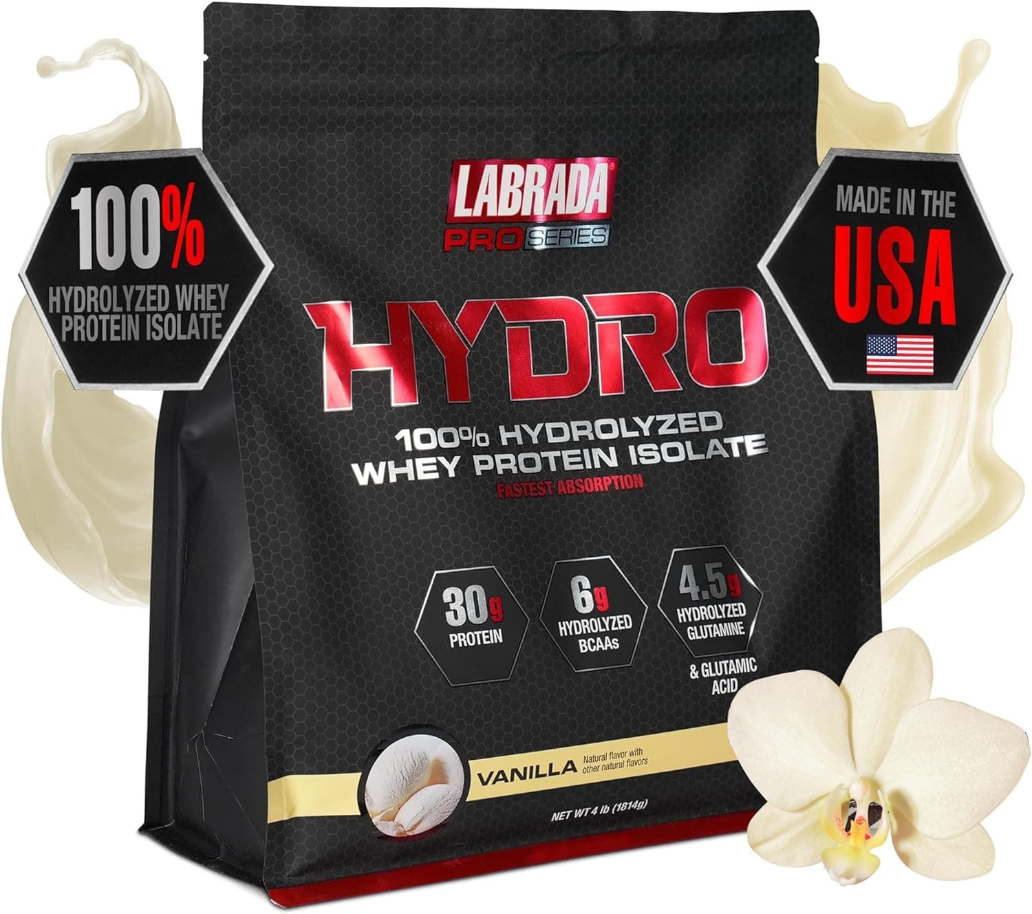 Hydro 100% Pure Hydrolyzed Whey Protein Isolate Powder, Lactose Free, Glutamine, Fastest Digesting Whey Available, Instant Mixing, Delicious Taste 48 Servings 4lb (Vanilla)