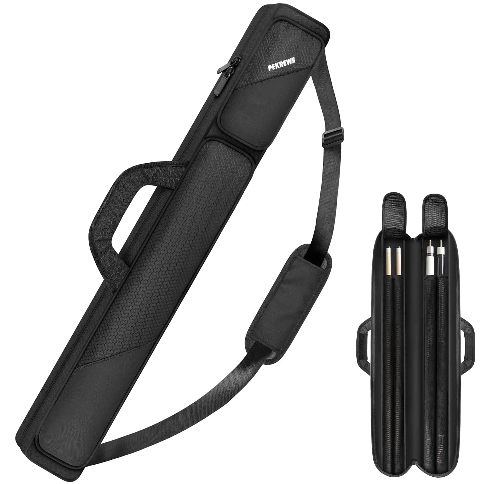 PEKREWS Pool Cue Case, Pool Stick Case 2x2 Holds 2 Sticks with 2 Accessory Zipper Pockets, Sturdy Polyester Pool Cue Carry Bag with Shoulder Strap Handle, Soft Billiard Cue Sling Bag for Men and Women
