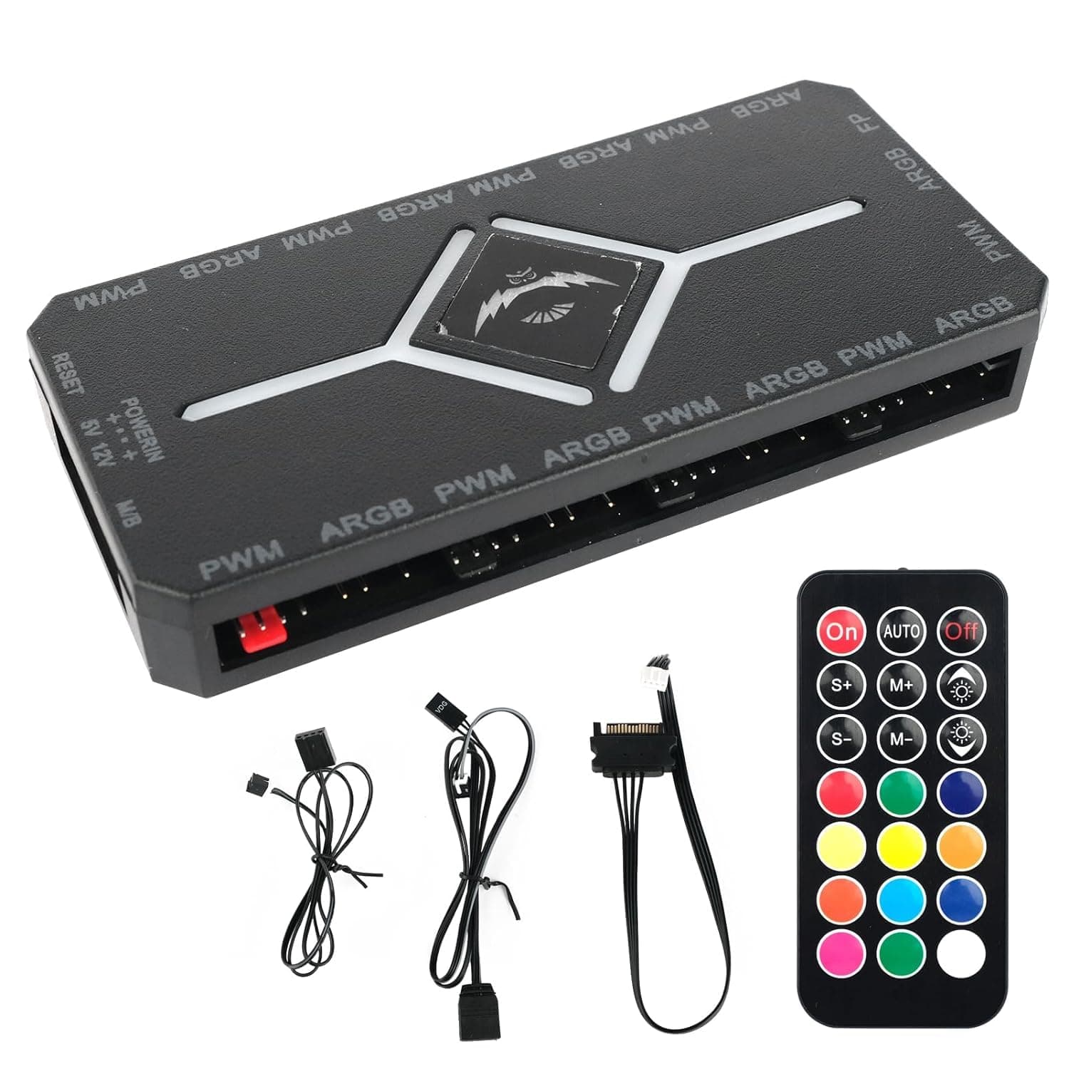 Pwm Fan Hub Controller, Addressable 5V-3Pin 2-In-1 Rgb Computer Pc Case 1 To 9 Ports Magnetic Splitter With Remote And Sata Power Supply - Black