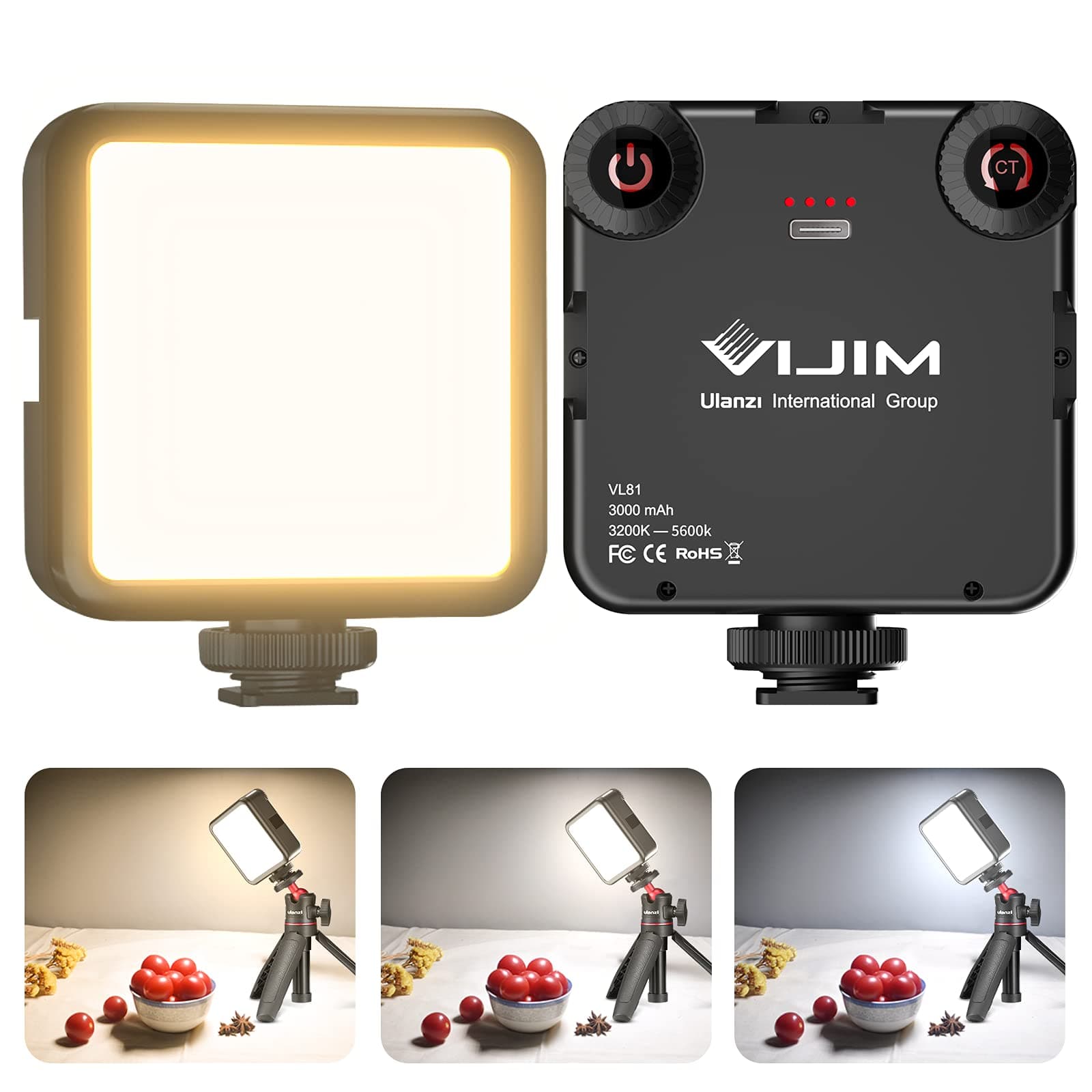 VIJIM LED Video Light, VL81 On Camera Light with 3 Cold Shoe Rechargeable 3000mAh Battery Bicolor Dimmable 3200K-5600K CRI95+ Portable Photography Photo Lighting Panel for YouTube DSLR Camcorder Vlog