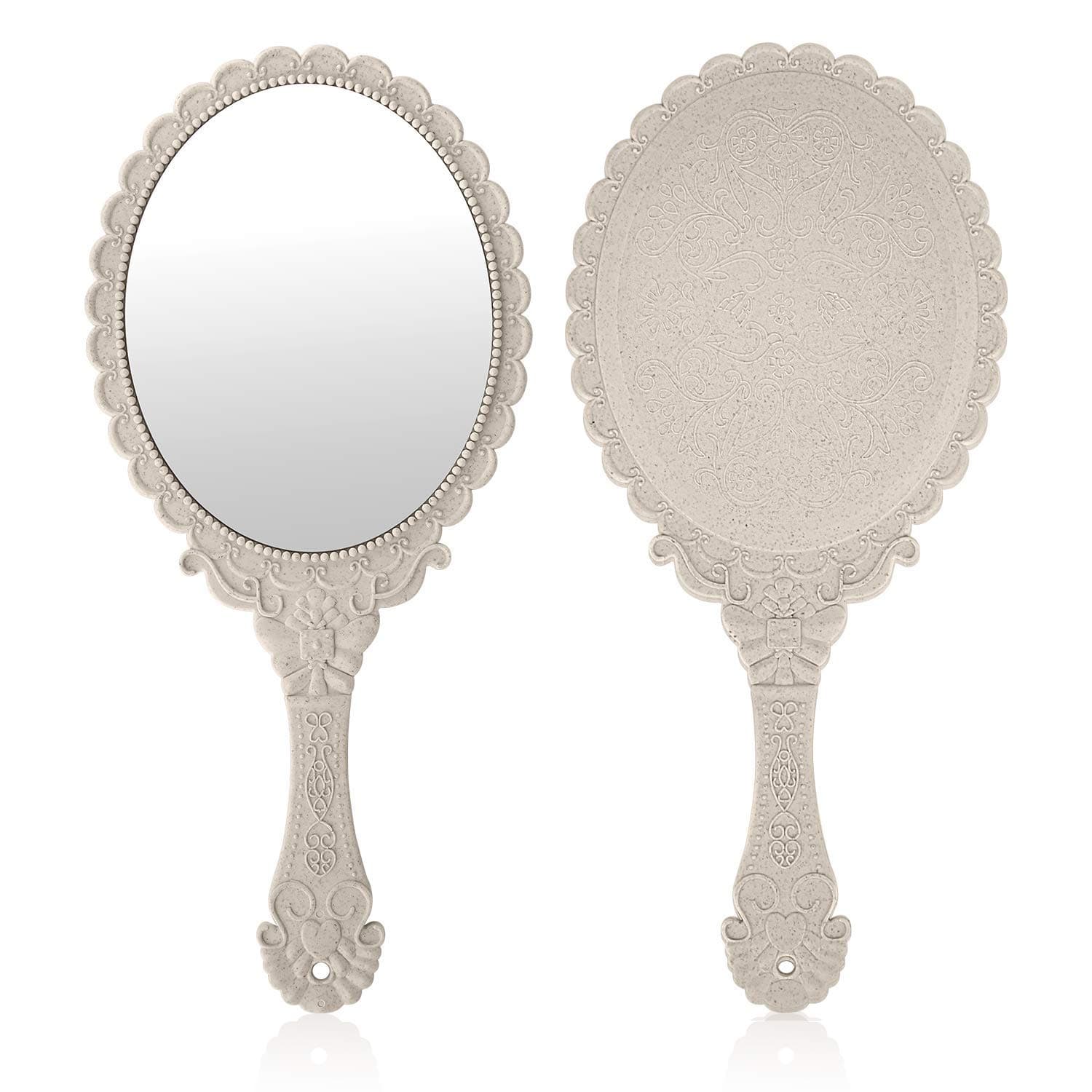 TERRIFI Handheld Mirror with Handle, Makeup Compact Hand Mirrors for Women Travel Small Vintage Purse Mirrors, Hand Held Packet Mini Mirrors for Girls Decorative Embossed Flower (Ivory White) 2 PCS