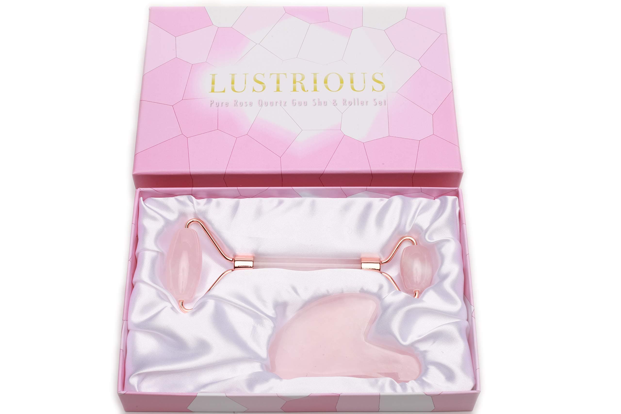 ROSE QUARTZ ROLLER AND GUASHA SET - PINK - JADE ROLLER - ROSE GOLD - STRONG - SILENT - NO SQUEAK - REDUCE PUFFY EYES - DARK CIRCLES - WRINKLES - GIFT SET