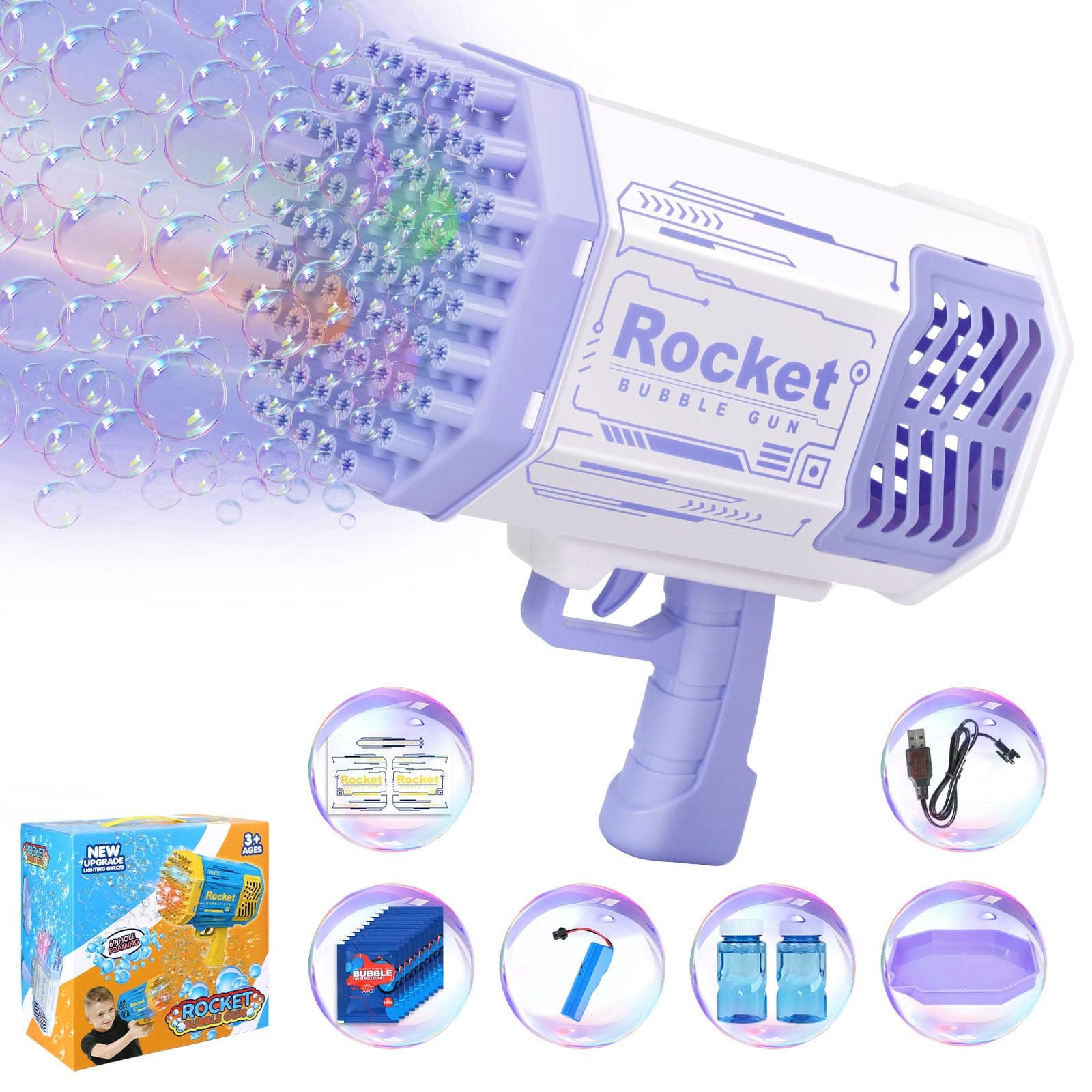 Bubble Gun Rocket 69 Holes Soap Blaster Machine, Bazooka Bubble Launcher Blower Toys for Kids Outdoor Indoor, Bubble Maker for Party Birthday Wedding(Purple)