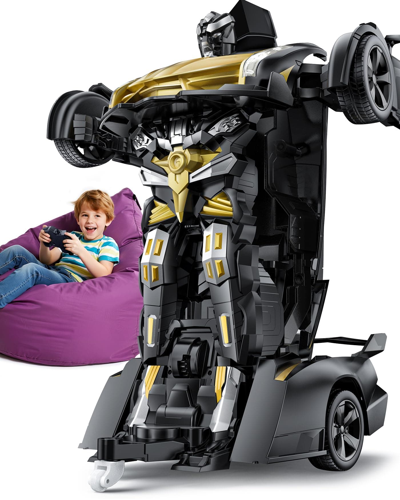 V992 Transform Remote Control Car, Transform Robot RC Cars, 1:14 Scale, 2-in-1 Robot Toy Car with Sound & Light, Gesture Sensing, Automatic Deformation, Great Gift Toys for Boys and Girls 4-6 (Golden)