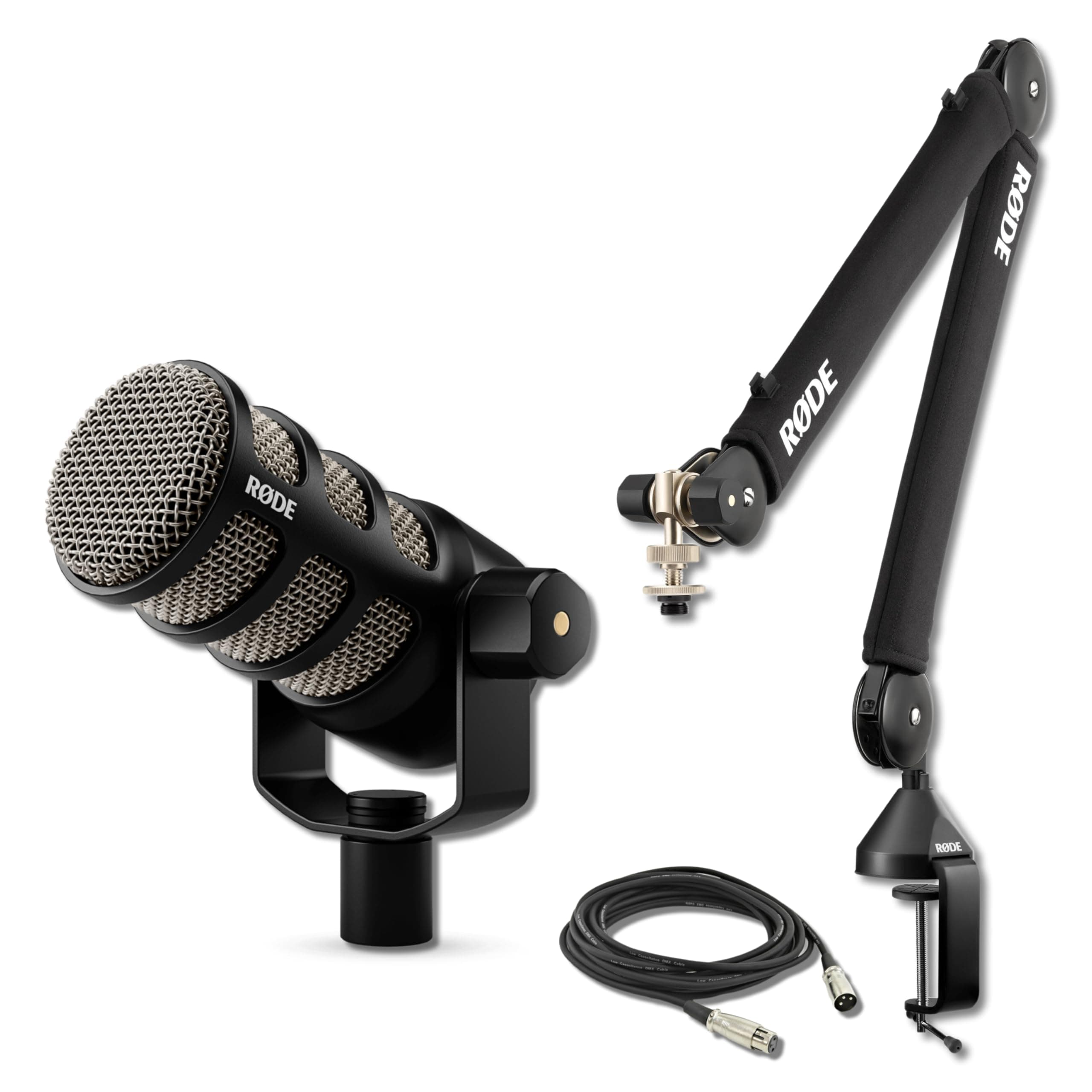 Rode PodMic Dynamic Podcast Microphone with Rode PSA1+ Boom Arm, XLR Cable and StreamEye Polishing Cloth