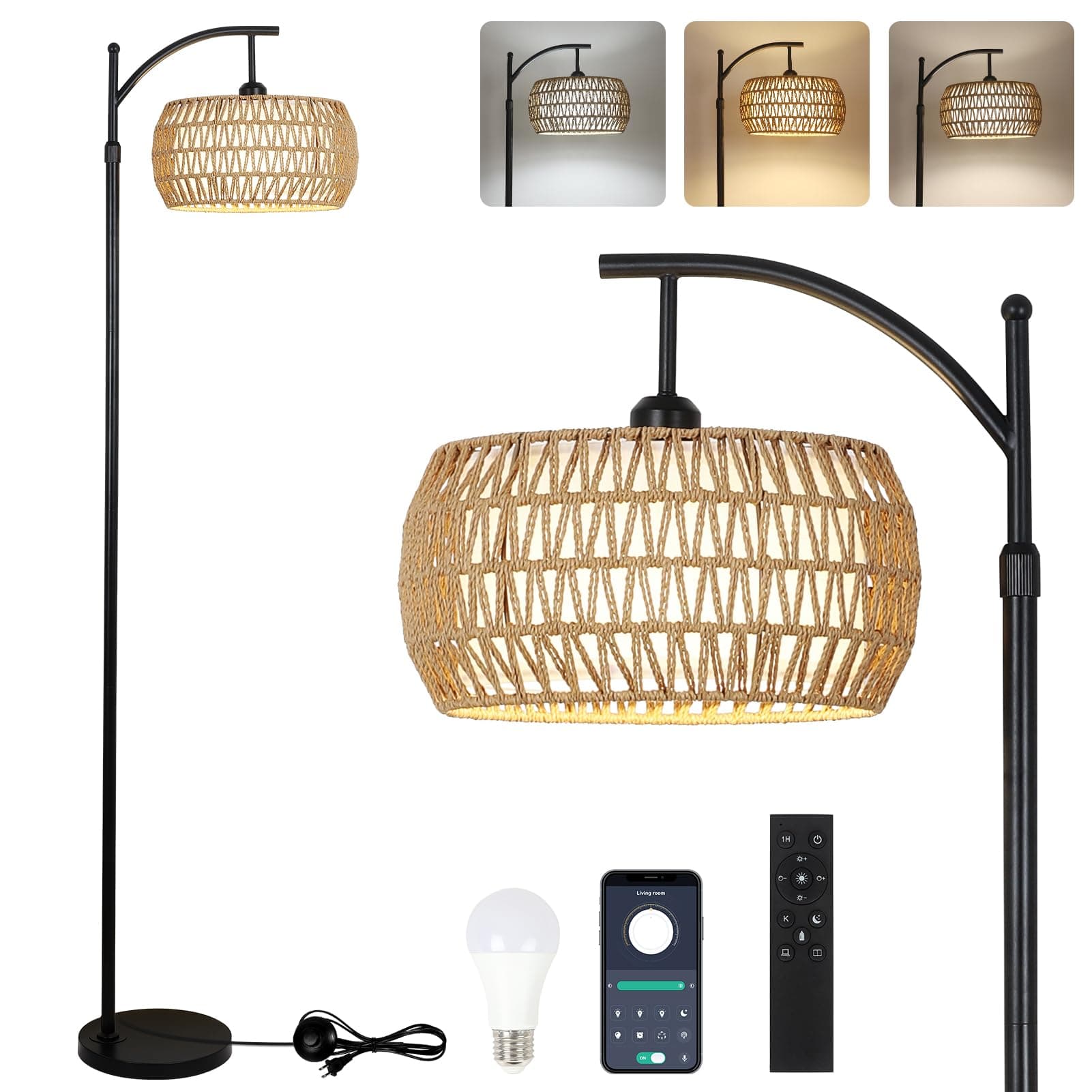 Arc Floor Lamp with Remote Control, Dimmable LED Floor Lamp with 3 Color Temperature, Black Standing Lamp with Rattan & Fabric Double Drum Shade, Boho Farmhouse Tall Pole Lamp for Living Room Bedroom