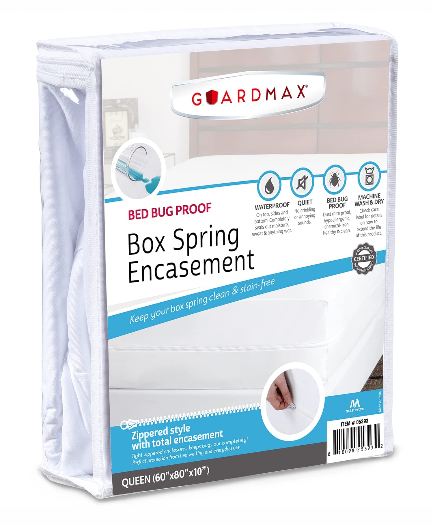 Guardmax Premium Box Spring Cover - Queen Size Waterproof and Bed Bug Proof Zippered Box Spring Encasement - 6 Side Absorbent Boxspring Protects Against Bed Bugs, Dust Mites, Dirt, Spills, and Stains.