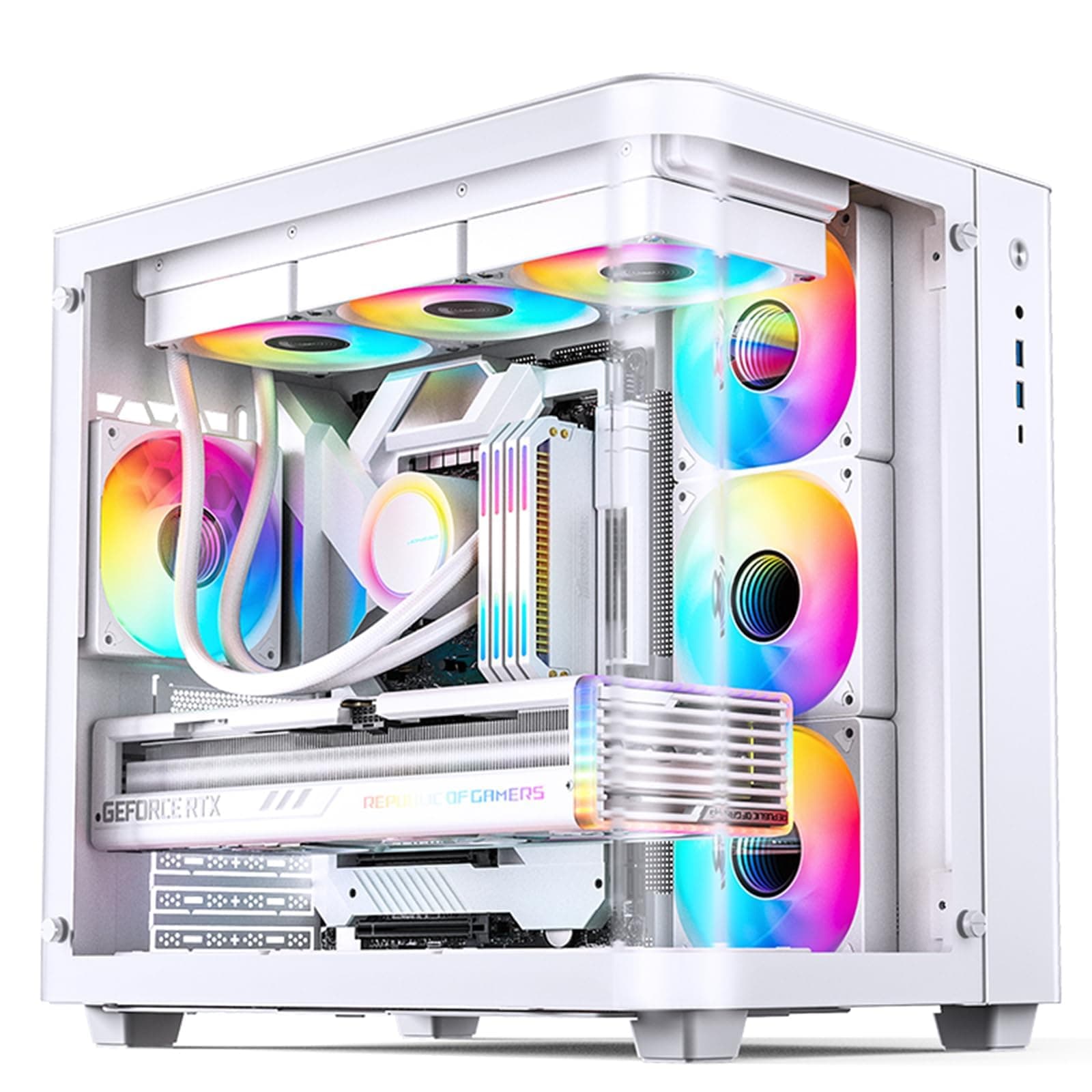 TK-3 White One-Piece Curved Glass ATX Mid Tower Pc Case, One-Piece Curved Glass, Support BTF MB/Dual 360 AIO/ATX PSU/40Series GPU, with 10 Fan Positions, 270 Degree Side View Display,White