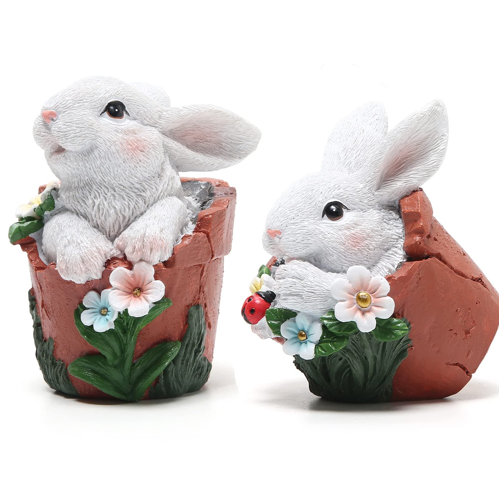 Easter Bunny Decorations Spring Home Decor Bunny Figurines(Spring Flower jar White Rabbit 2pcs)