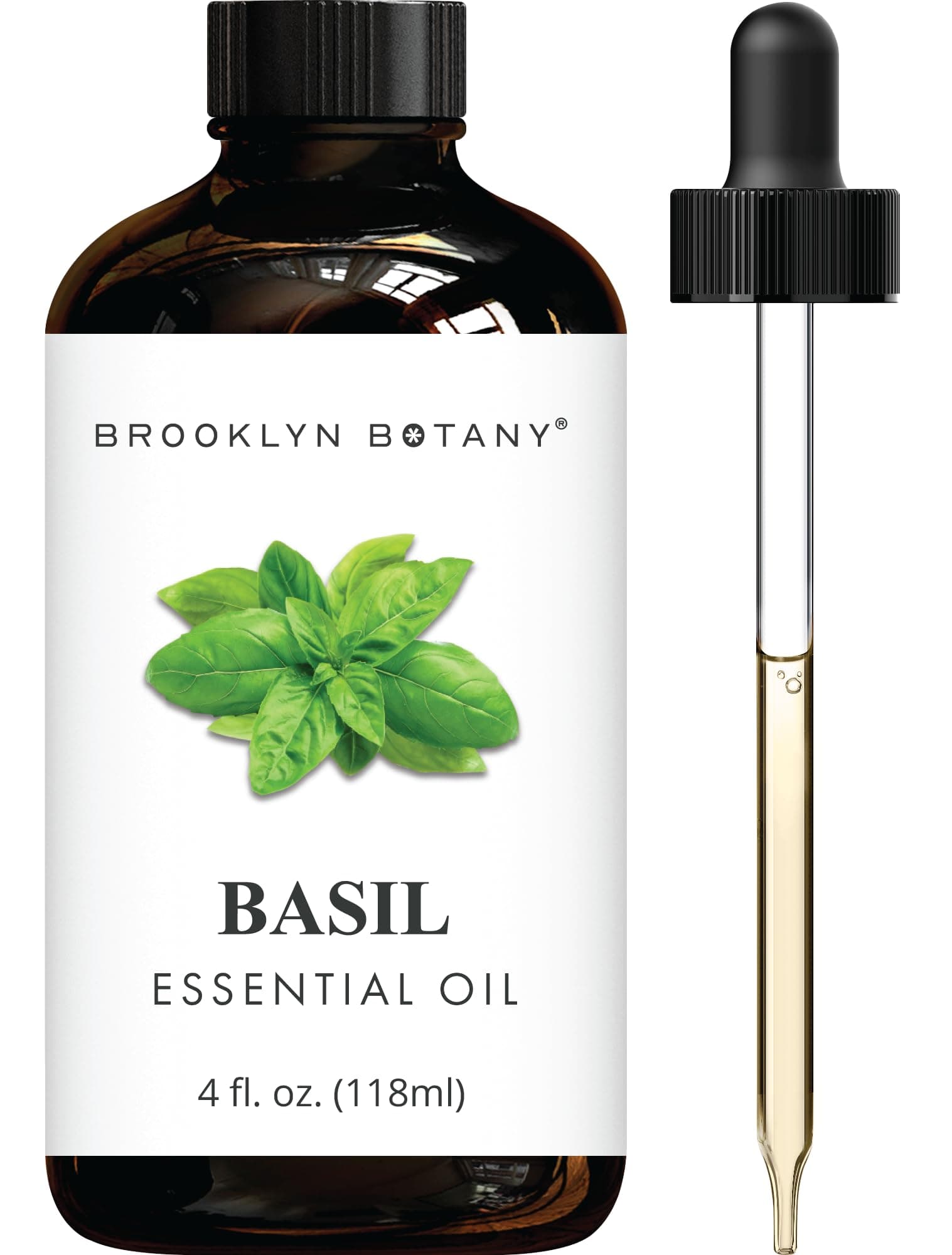 Brooklyn Botany Basil Essential Oil - Huge 4 Fl Oz - 100% Pure and Natural - Premium Grade with Dropper - for Aromatherapy and Diffuser