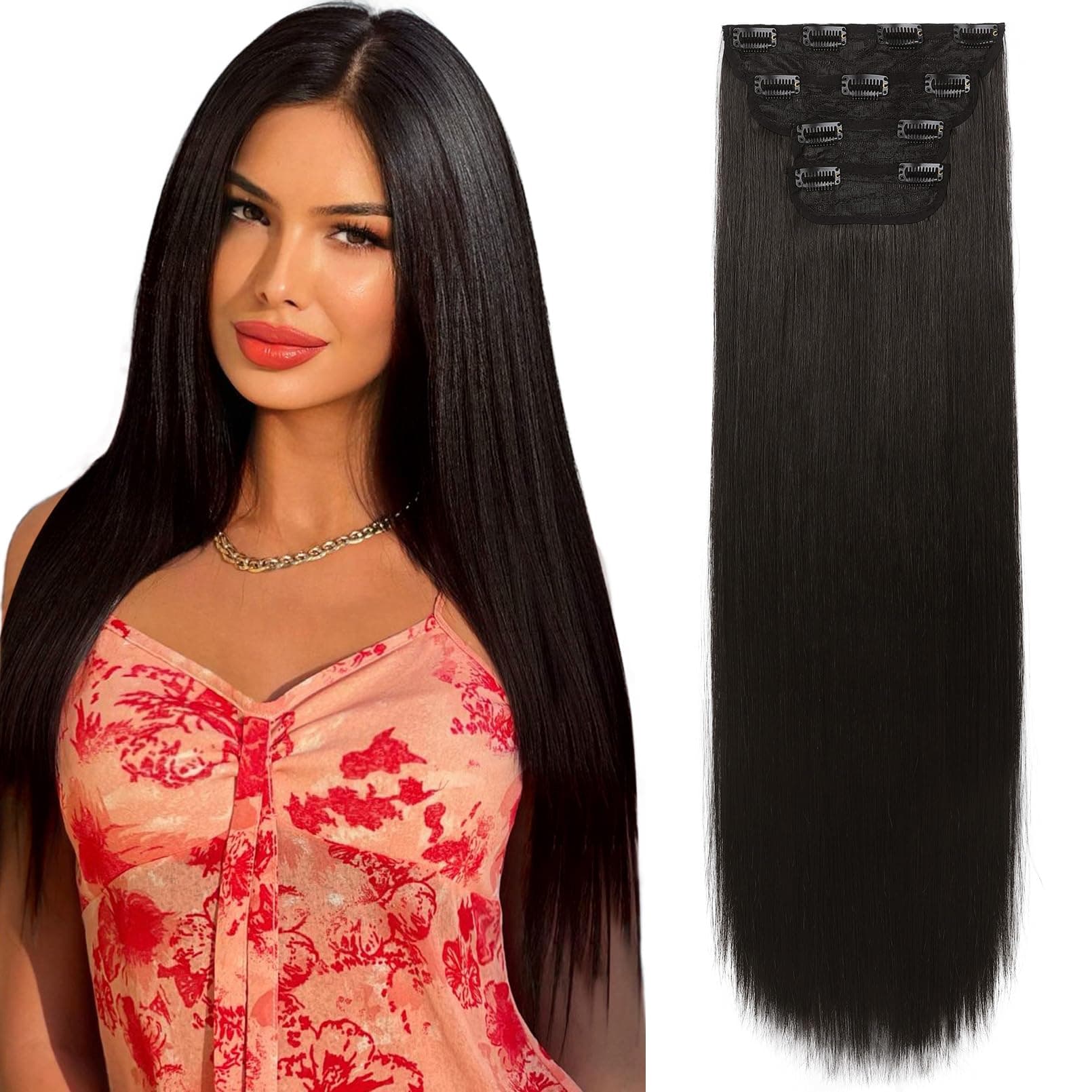 REECHO 28" Straight Super Long 4 PCS Set Thick Clip in on Hair Extensions Black Brown