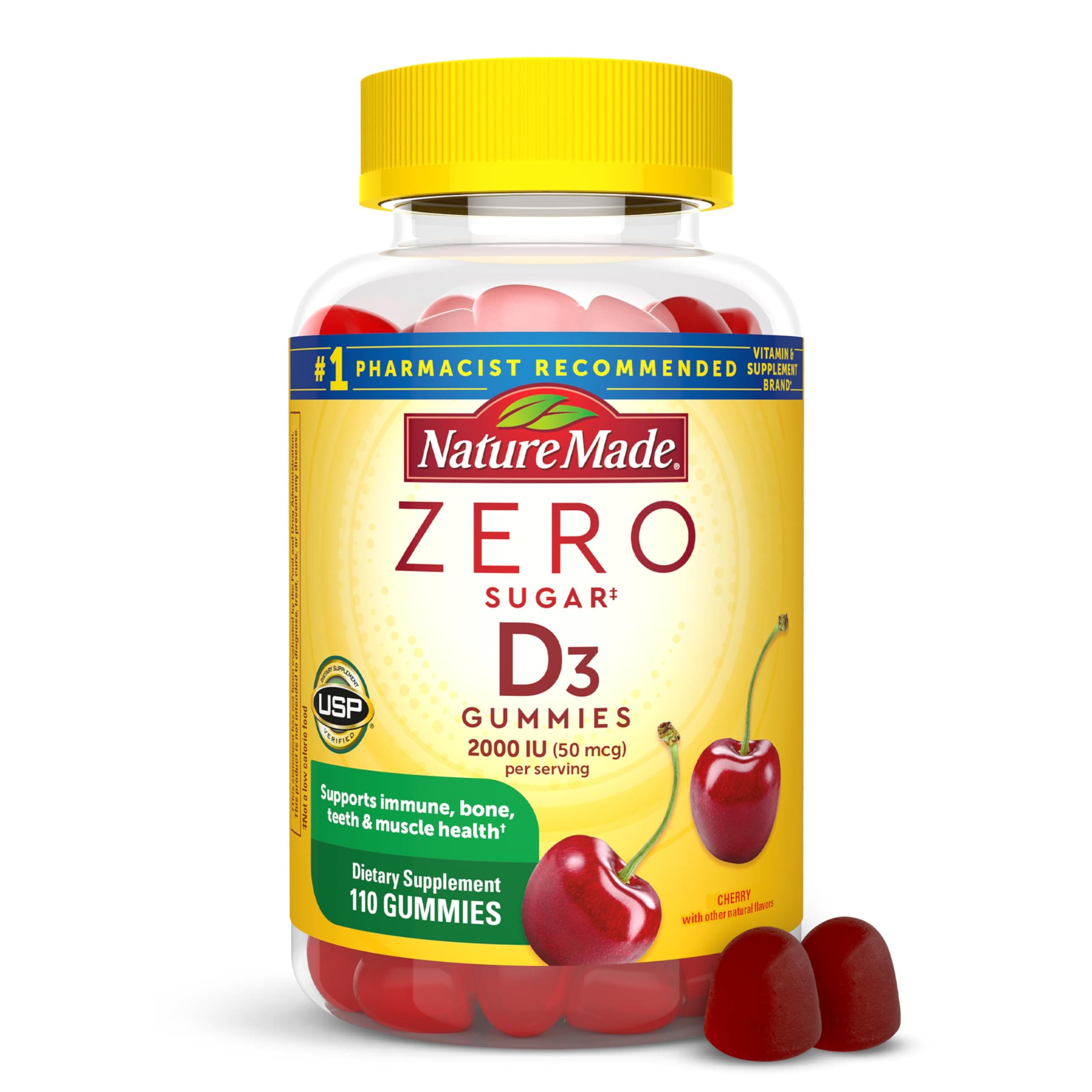 Nature Made Zero Sugar Vitamin D3 Gummies 2000 IU (50 mcg) per Serving, Immune, Bone, Teeth & Muscle Support Supplement, 110 Sugar Free Vitamin D Gummies, 55 Day Supply