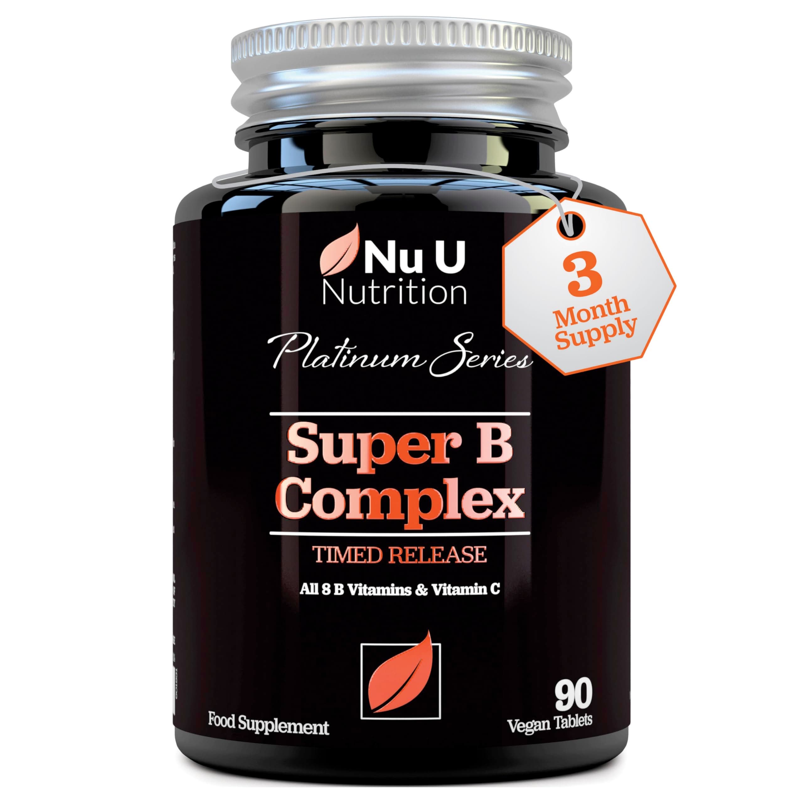 Super Vitamin B Complex - High Absorption Methylated B Vitamins with VIT C - 90 Timed Release Vegan Tablets - 3 Month Supply - B1, B2, B3, B5, B6, B8, B9 & B12 - Made in the UK - Nu U Nutrition