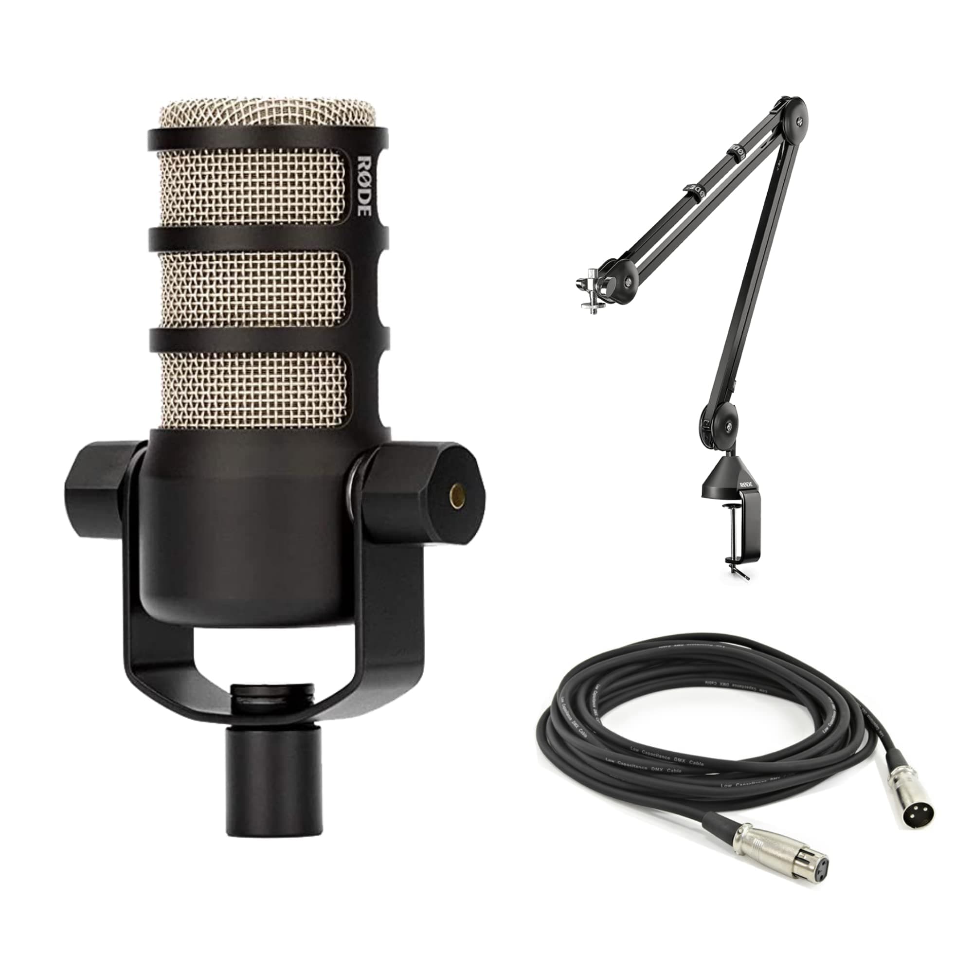 Rode PodMic Dynamic Podcast Microphone with Rode PSA1 Boom Arm, XLR Cable and StreamEye Polishing Cloth