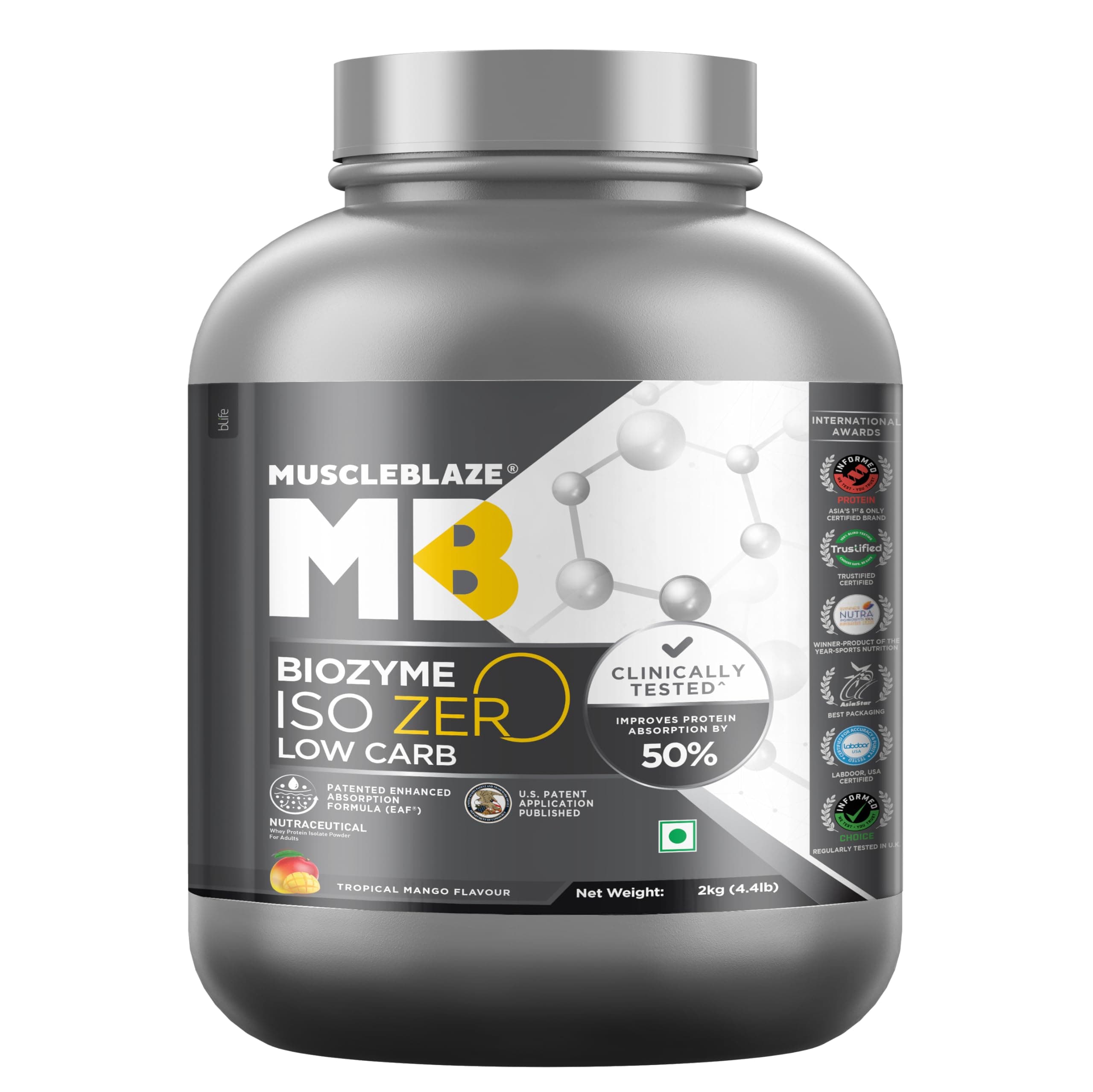 MuscleBlaze Biozyme Iso-Zero, Low Carb, Pure Whey Protein Isolate With Usa Patent-Published Enhanced Absorption Formula, 27 G Pure Isolate Whey Per Scoop (Tropical Mango, 2 Kg / 4.4 Lb)