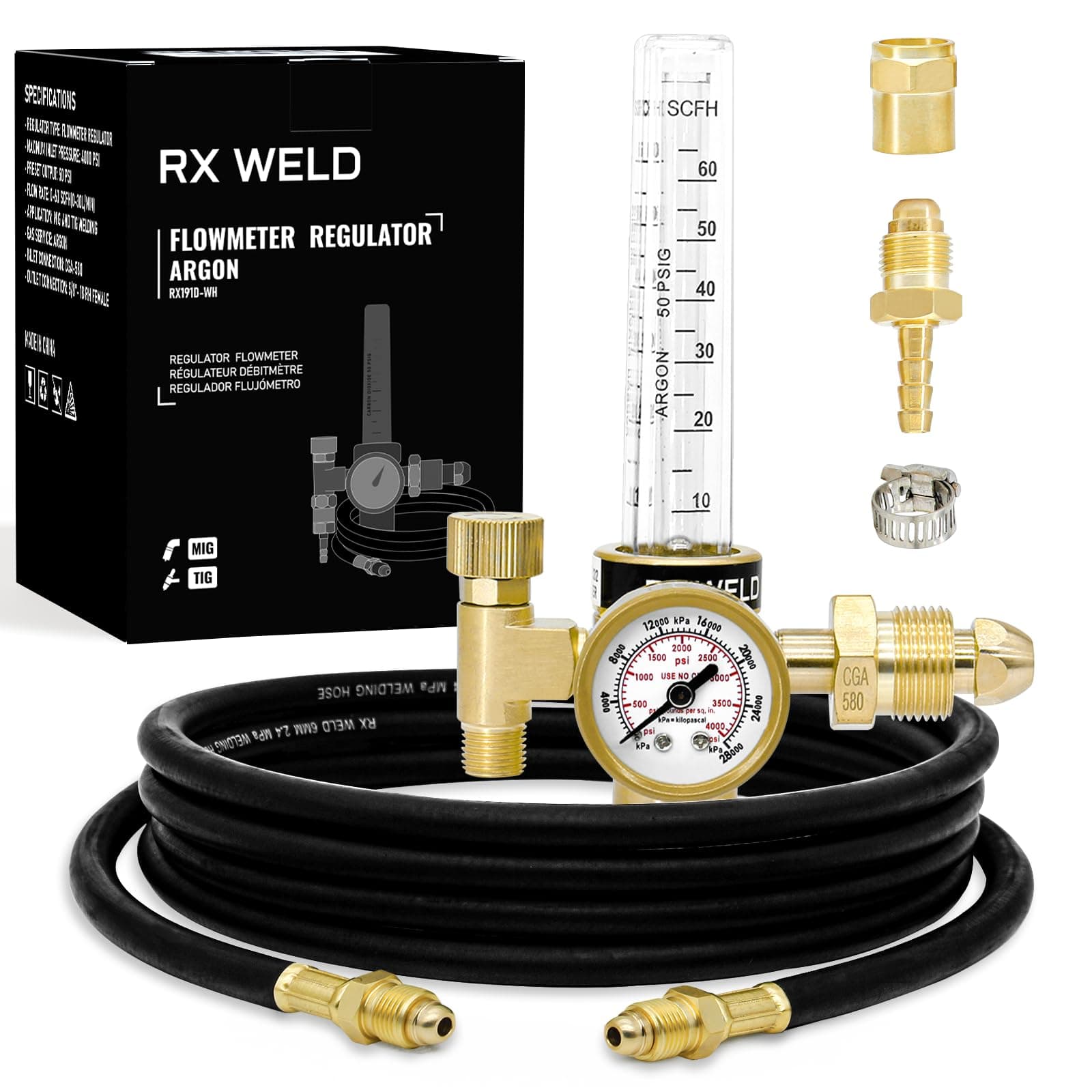 RX WELD Argon Regulator Flow Meter Gas Regulator Gauge for Mig Tig Weld with Gas Hose Welding