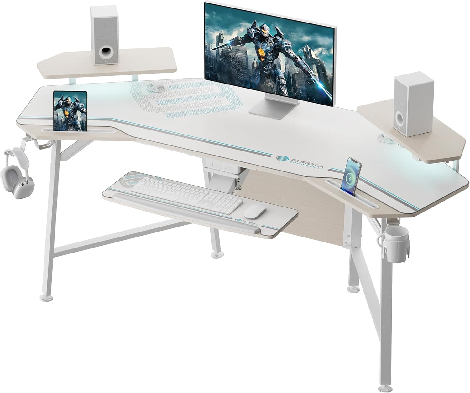 EUREKA ERGONOMIC 72" Computer Desk W Keyboard Tray, Wing-Shaped Music Studio Desk, Large Gaming Desk W LED Convertible Monitor Stand Dual Headphone Hanger for Recording Live Streamer