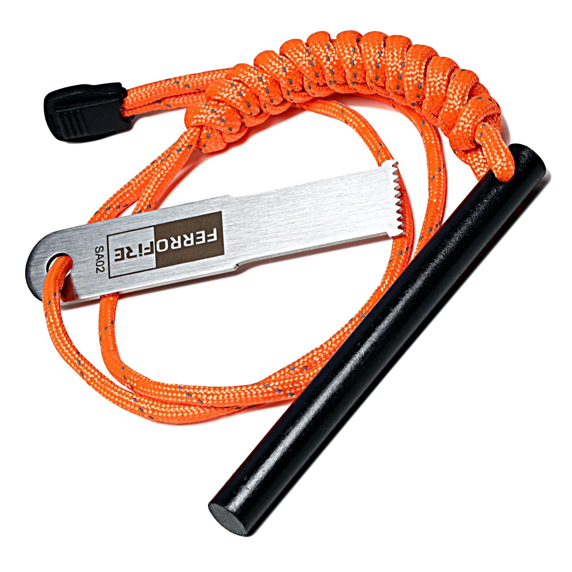 Super-Duty Heavy-Duty Classic Ferro Rod Fire Starter with 4 Inch Long Flint Ferrocerium Rod Carbon Steel Striker Orange 550 Paracord Lanyard Handle for Camping Emergency Survival