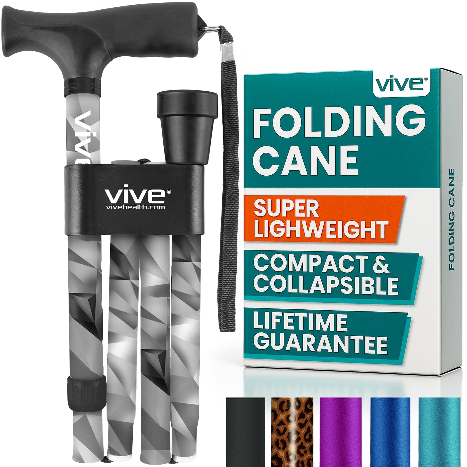 Vive Folding Cane - Foldable Walking Cane for Men, Women - Fold-up, Collapsible, Lightweight, Adjustable, Portable Hand Walking Stick - Balancing Mobility Aid - Sleek, Comfortable T Handles