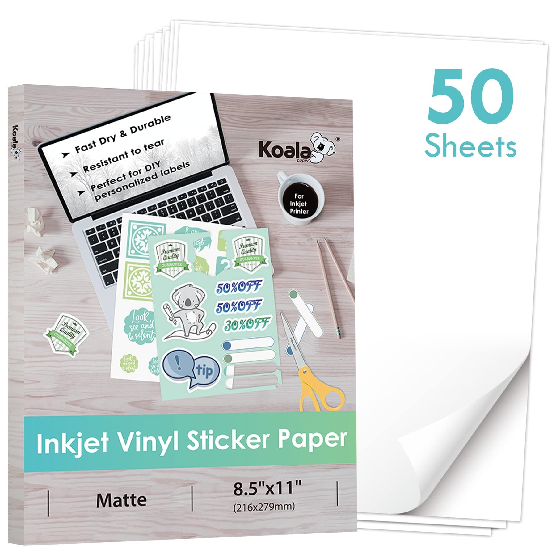 Koala Printable Vinyl Sticker Paper for Inkjet Printer - 50 Sheets Matte White Waterproof Sticker Printer Paper, 8.5x11 Inch, Work with Cutting Machine