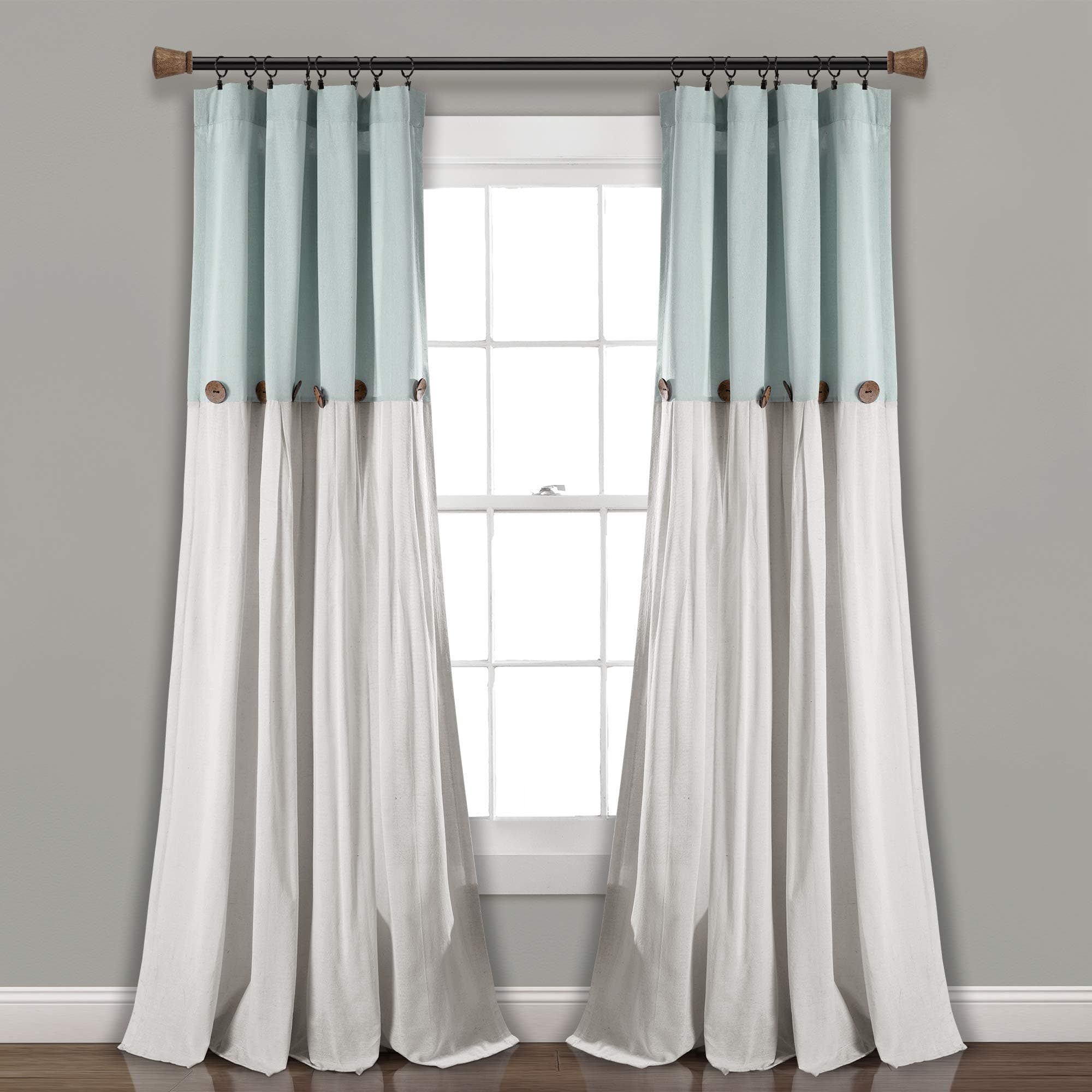 Linen Button Farmhouse Curtains, Single Panel, Pleated Two Tone Design 40"W x 95"L, Blue/White