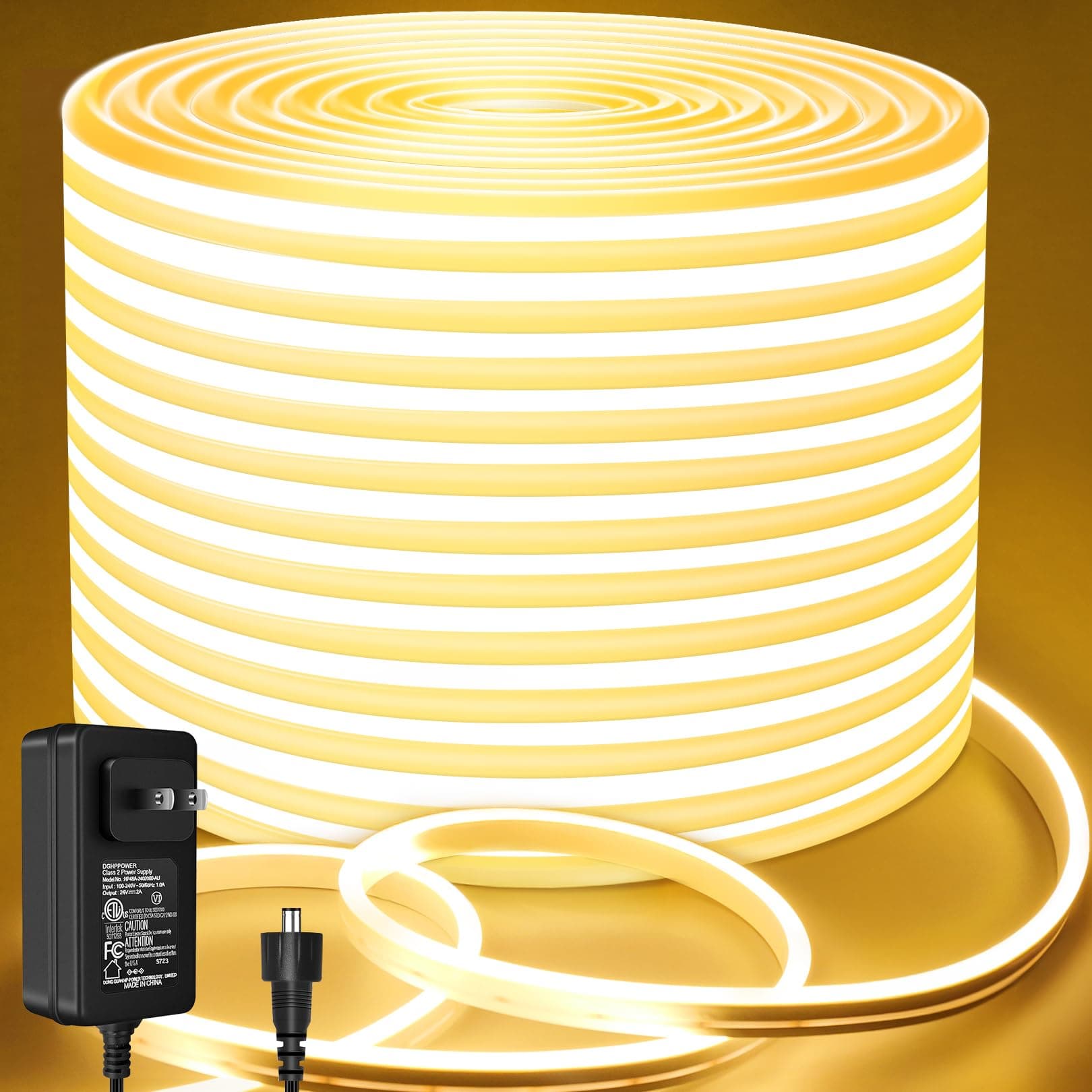 Neon LED Rope Light 32.8Ft, Warm White LED Strip Lights 1.96in/Cut, 3000K Waterproof Flexible Silicone 24V Led Strip for DIY Neon Sign Bedroom Indoor Outdoor Decor(Power Adapter Included)
