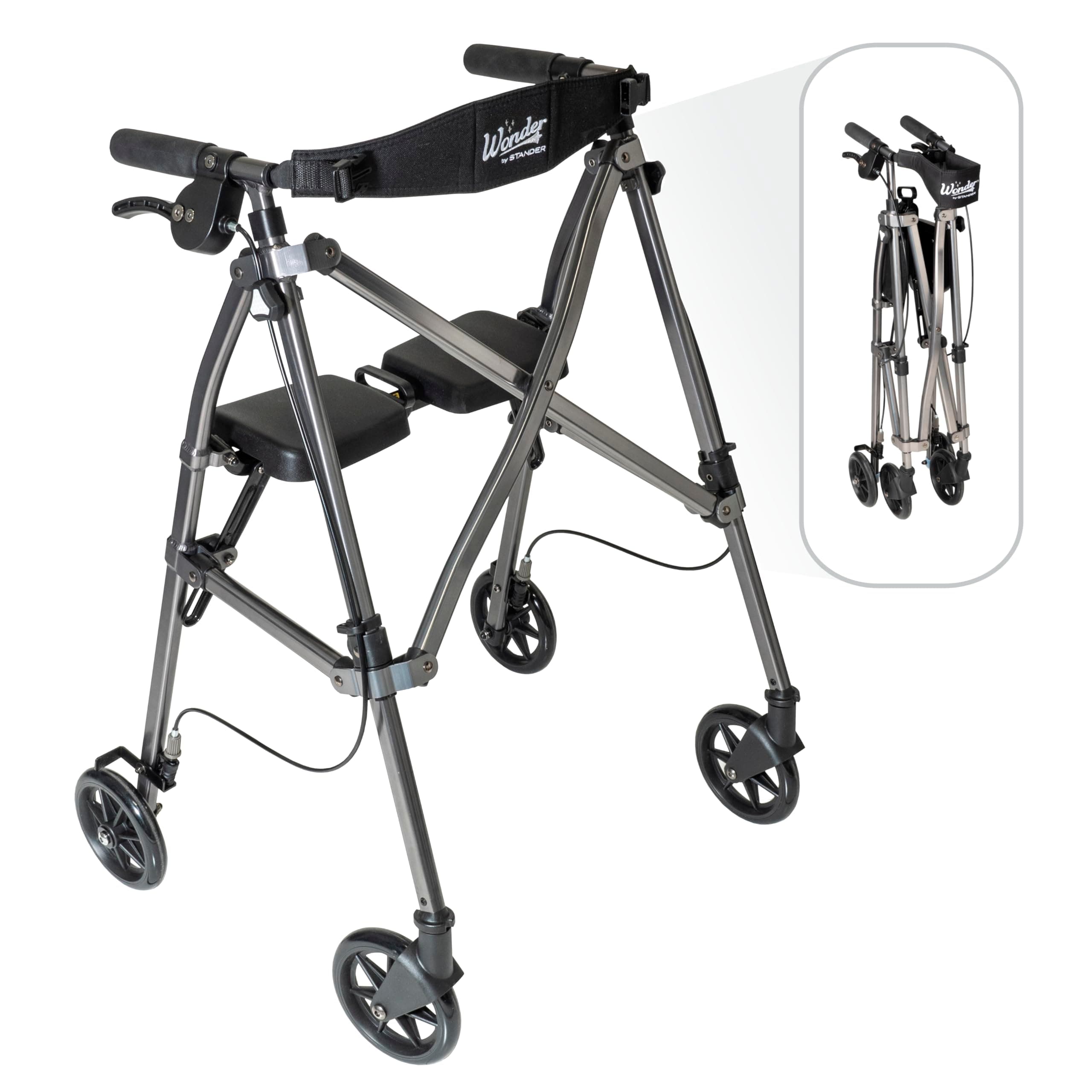 Stander Wonder Rollator, Lightweight Folding Space Saver Mobility Rolling Walker for Seniors and Adults, 6-inch Wheels, Locking Brakes, and Padded Seat with Backrest, Black Walnut