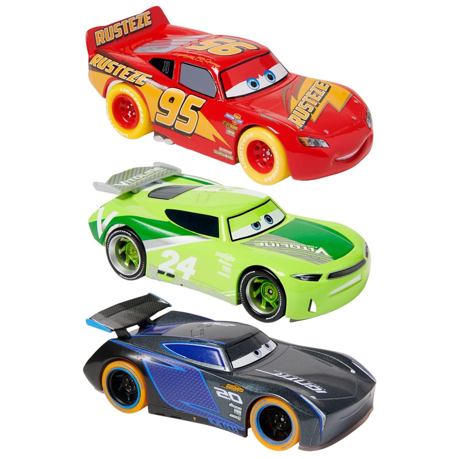 Disney Store Official Cars Light-Up Pullback Die Cast Set - Featuring Lightning McQueen, Jackson Storm, Chase Racelott - Neon Lights Set with Light-Up Pull-N-Race Diecast Cars