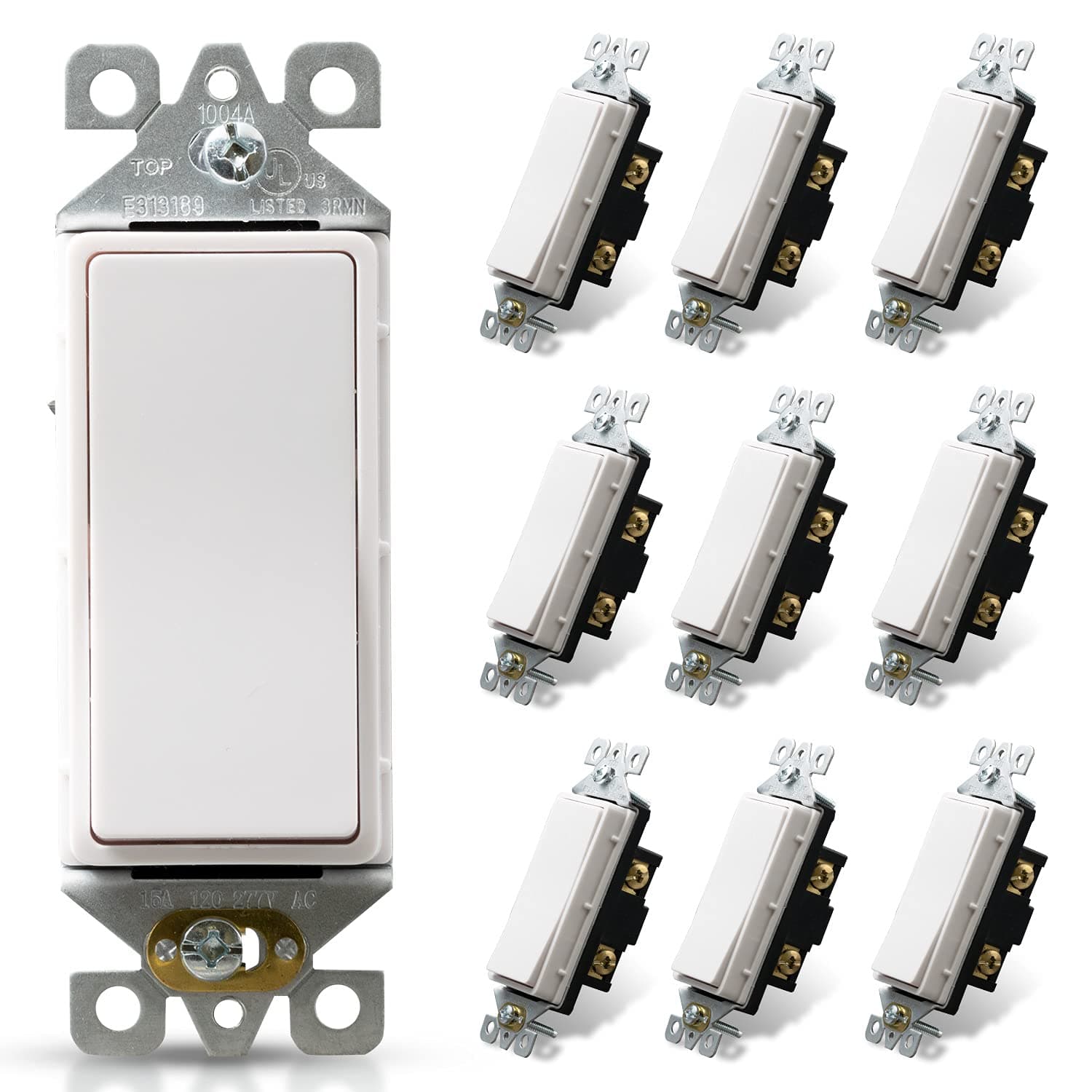 ELEGRP Glossy White Single Pole Decorator Light Switch, 15Amp, 120-277V, Decorative Paddle Rocker Switch Replacement, On/Off Wall Switch, Self-Grounding, Residential/Commercial Grade, 10 Pack, UL/CUL,