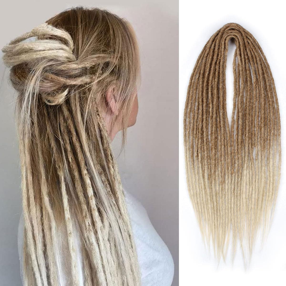 15pcs Double Ended Dreadlock Extensions, 24 inch Ombre Light Brown to Blonde Thin 0.6cm Fake Dreads Extensions, DE Synthetic Dreadlock Extensions Reggae Hippie Dreads for Women