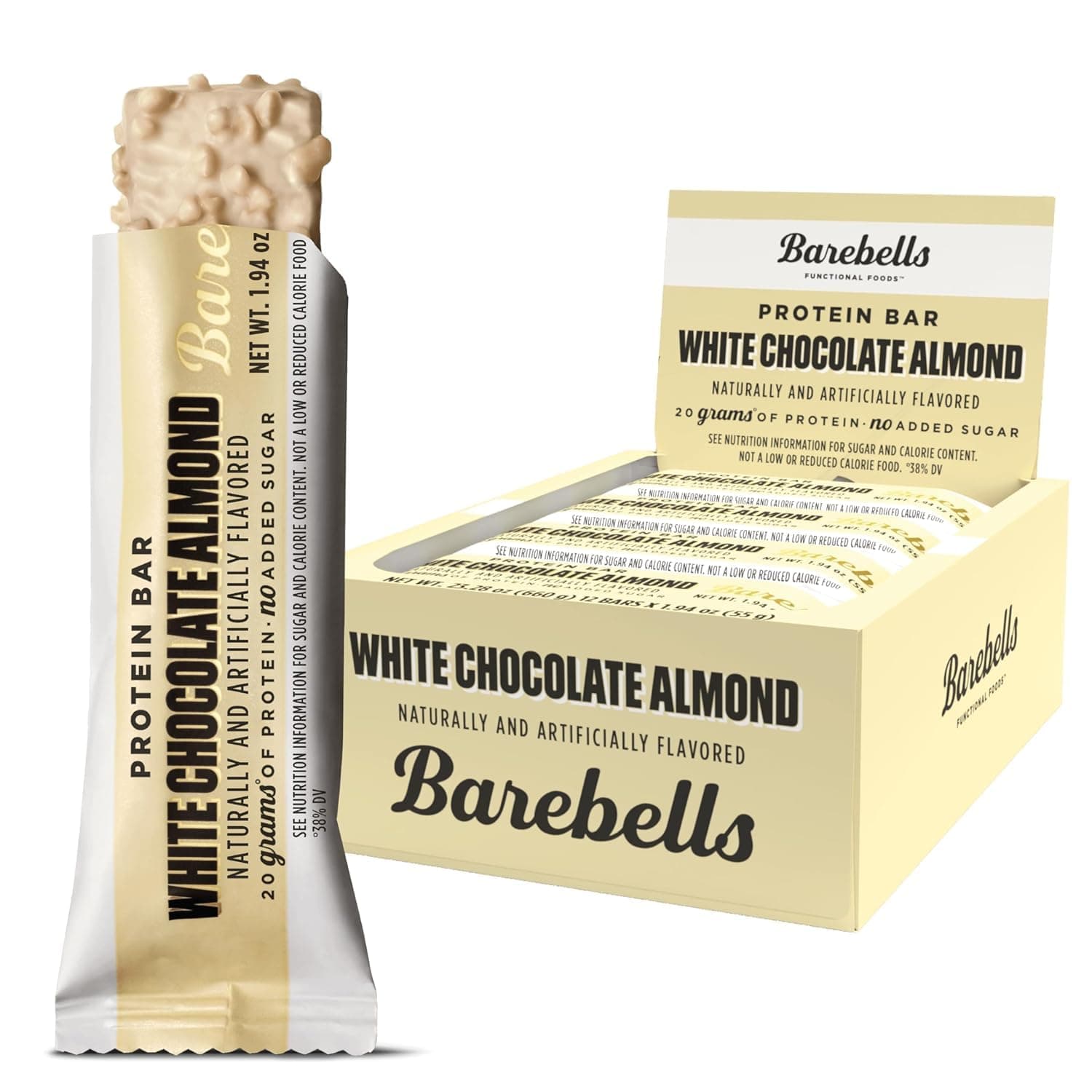 Barebells Protein Bars White Chocolate Almond - 12 Count, 1.9oz Bars - Protein Snacks with 20g of High Protein - Chocolate Protein Bar with 1g of Total Sugars - On The Go Protein Snack & Breakfast Bar