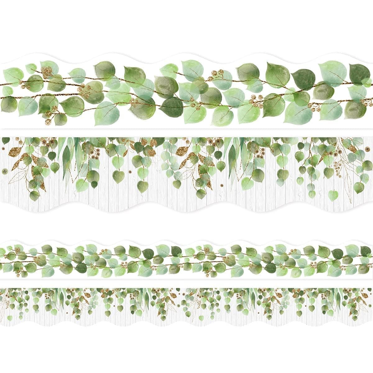 FANCY LAND Eucalyptus Die-Cut Border Trim 36ft Per Roll Two Sided Printed Leaves Border for Classroom Back to School Decoration