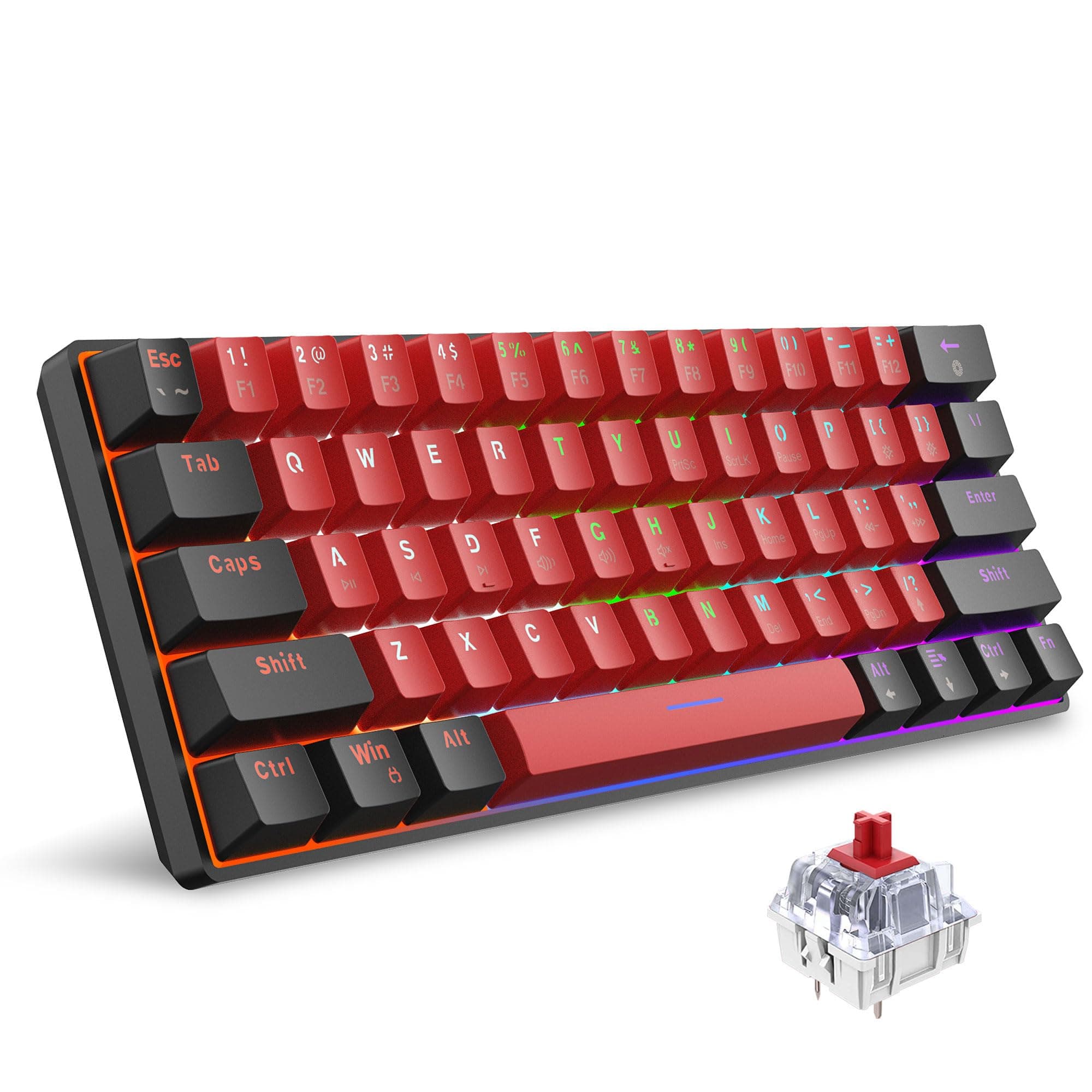 60% Wired Mechanical Keyboard, Mini Gaming Keyboard with 61 Keys for PC, Windows XP, Win 7, Win 10 (Black-Red, Red Switches)