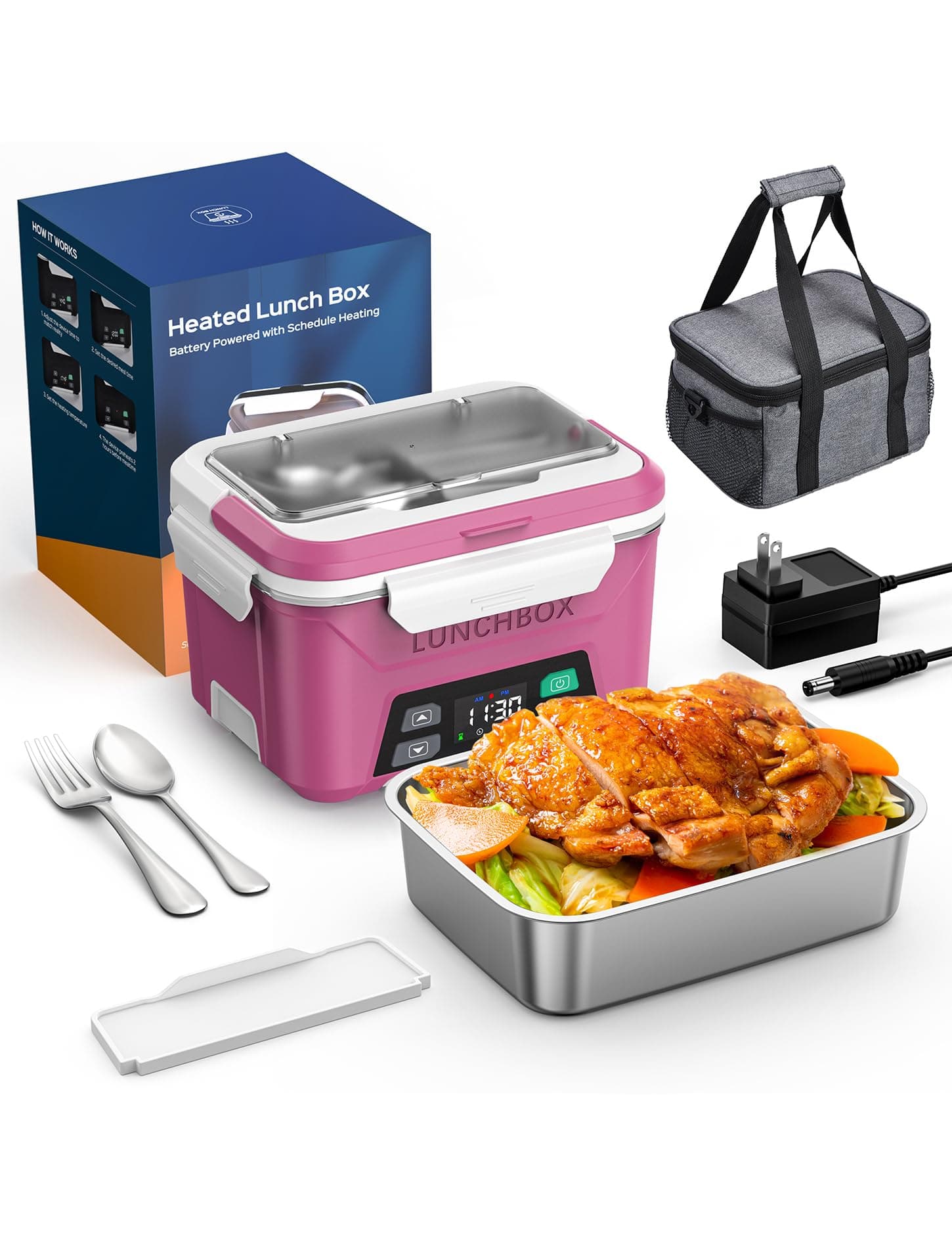 EAST OAKHeated Lunch Box Battery Powered with Automatic Heating, Cordless Heatable Lunchbox for Adults, 1.3L Portable Food Warmer with Insulated Carry Bag
