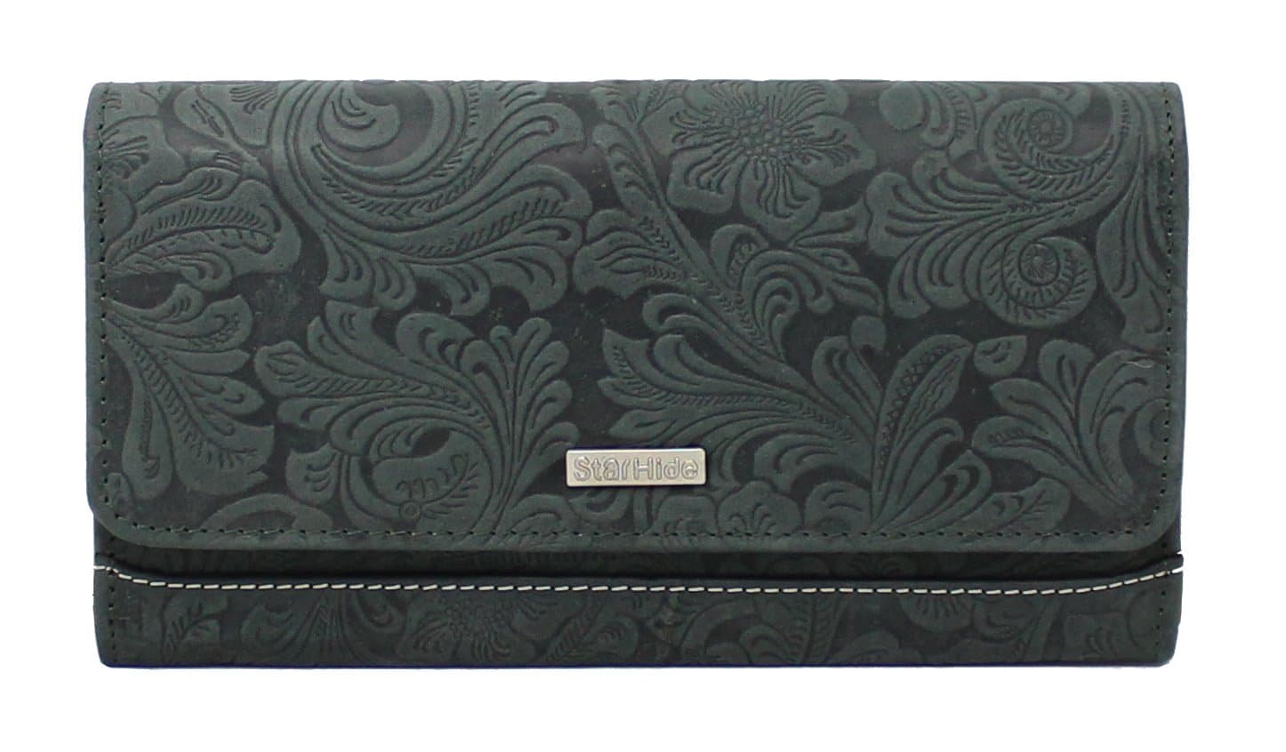 STARHIDEWomen Embossed Floral Real Distressed Hunter Leather RFID Blocking Clutch Wallet 5585