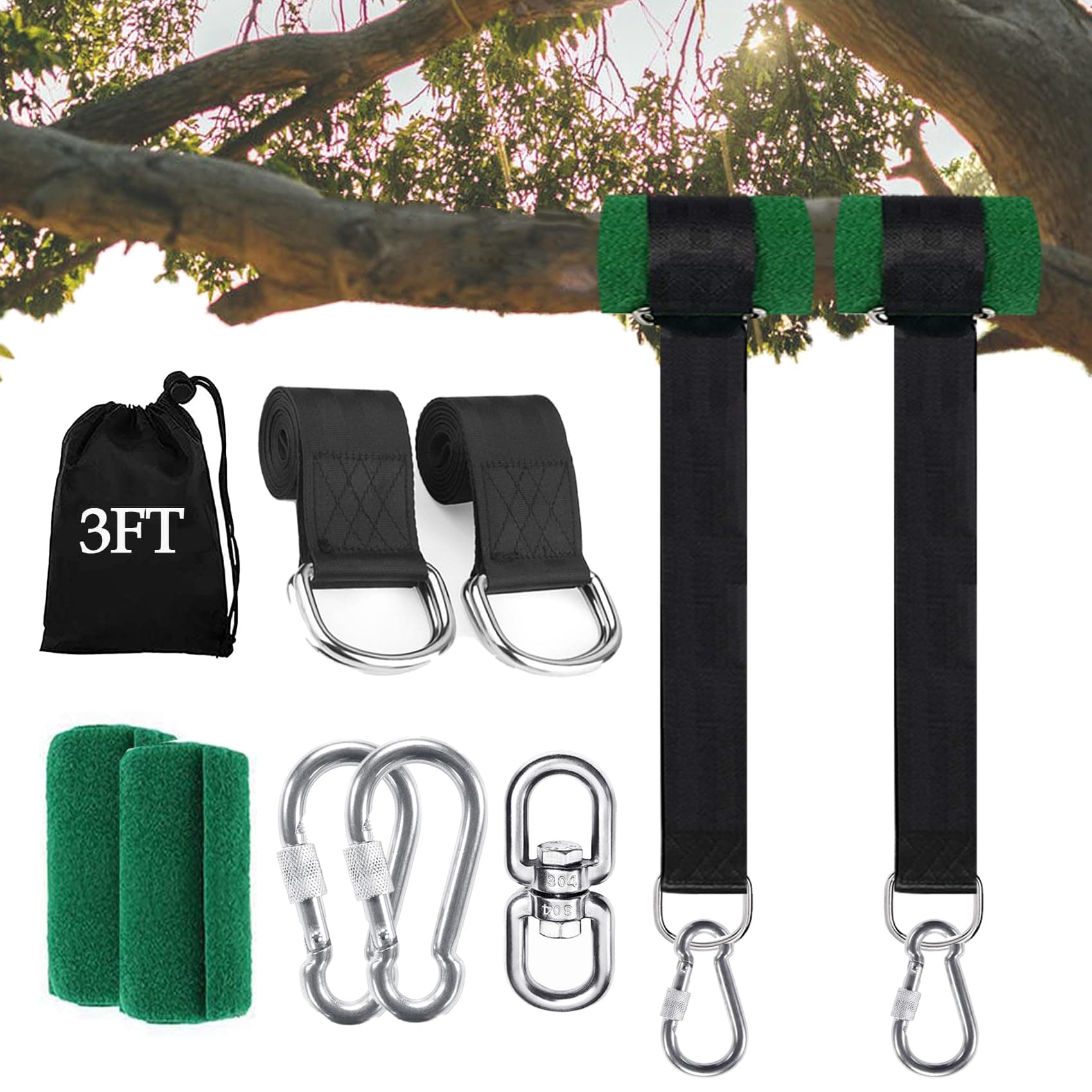 Tree Swing Straps Hanging Kit (Set of 2), 3FT/8FT/10FT/20FT/30FT Tree Swing Straps Holds 2500 lbs with Tree Protector, Safety Lock Carabiner and Swivel Perfect for Swings & Hammocks(3 FT)