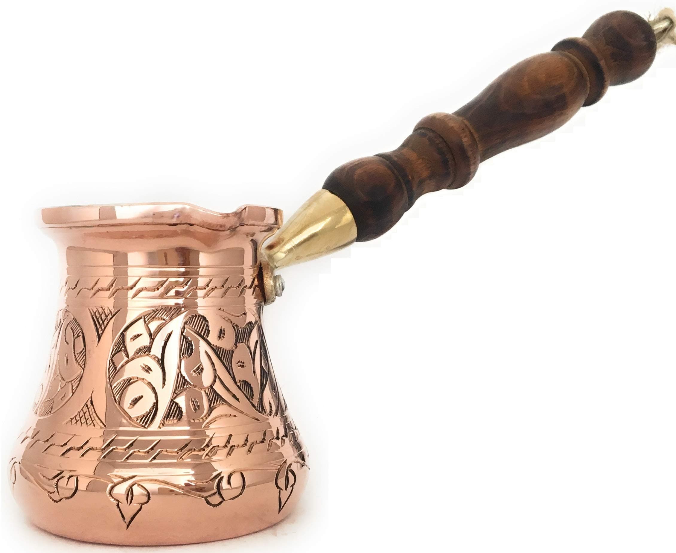 PC Series (Small- 6 fl oz) - Thickest Solid Copper Engraved Turkish Greek Arabic Coffee Pot Wooden Handle Heavy Duty, Stovetop Coffee Maker, Jazzve, Cezve, Ibrik with Hammered Base