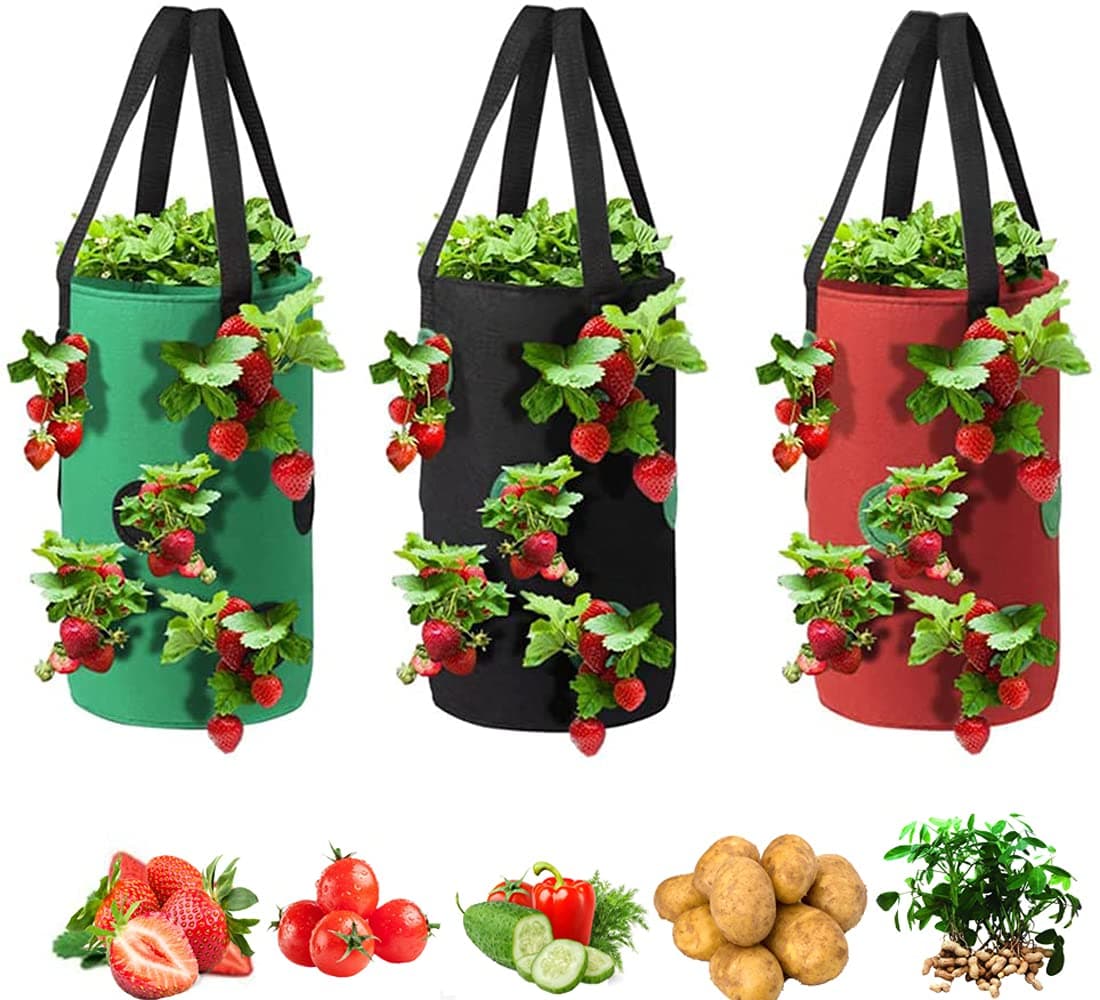 Upside Down Tomato Planter-3 Gallon Hanging Strawberry Planter Durable Aeration Fabric Grow Bags for Vegetables (Set of 3- Red,Green and Black)